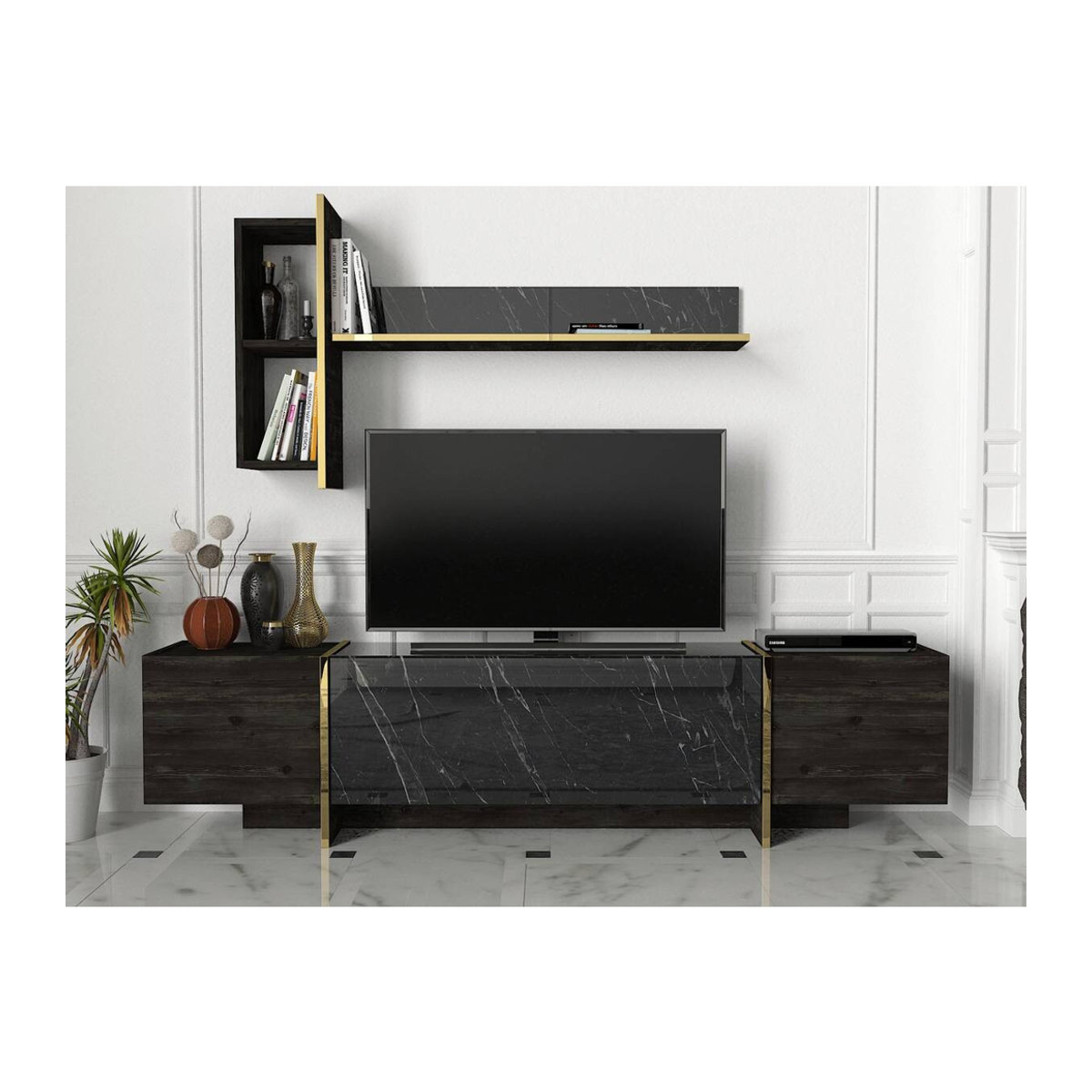 Moderne Wohnwand Veyron Rebab in Dunkel Marmoroptik, Grau-Schwarz, B/H/T: 180 x 45 x 32 cm - Bild 1