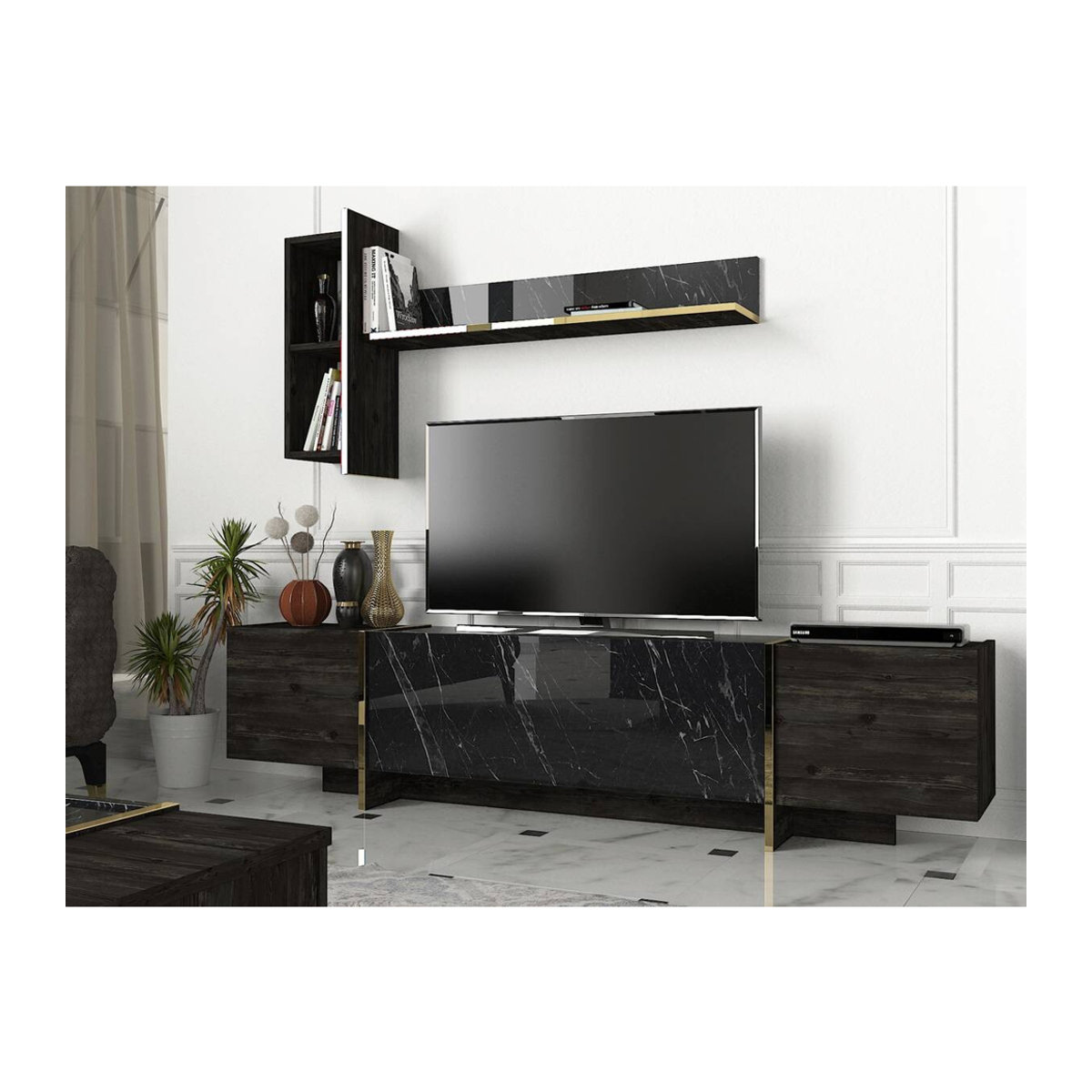 Moderne Wohnwand Veyron Rebab in Dunkel Marmoroptik, Grau-Schwarz, B/H/T: 180 x 45 x 32 cm - Bild 2