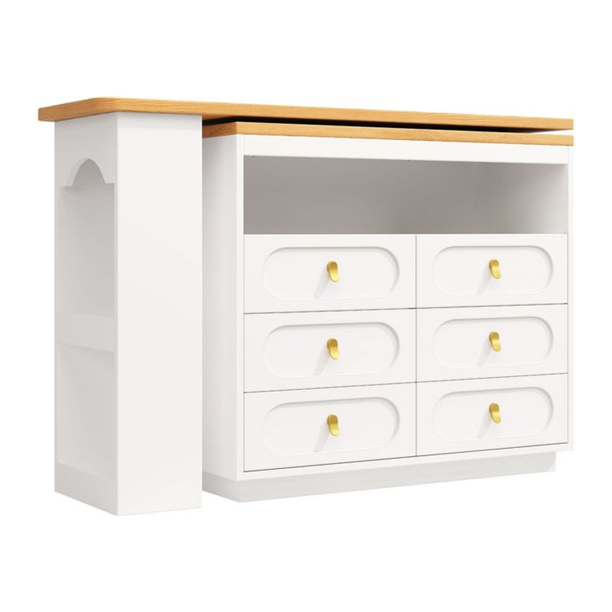 Moderner ausziehbarer Bartisch in Weiß mit 360-Grad-Drehfunktion, 6 Schubladen und seitlichem Snack-Regal, B/T/H: 137-203 x 39 x 90 cm - Bild 1