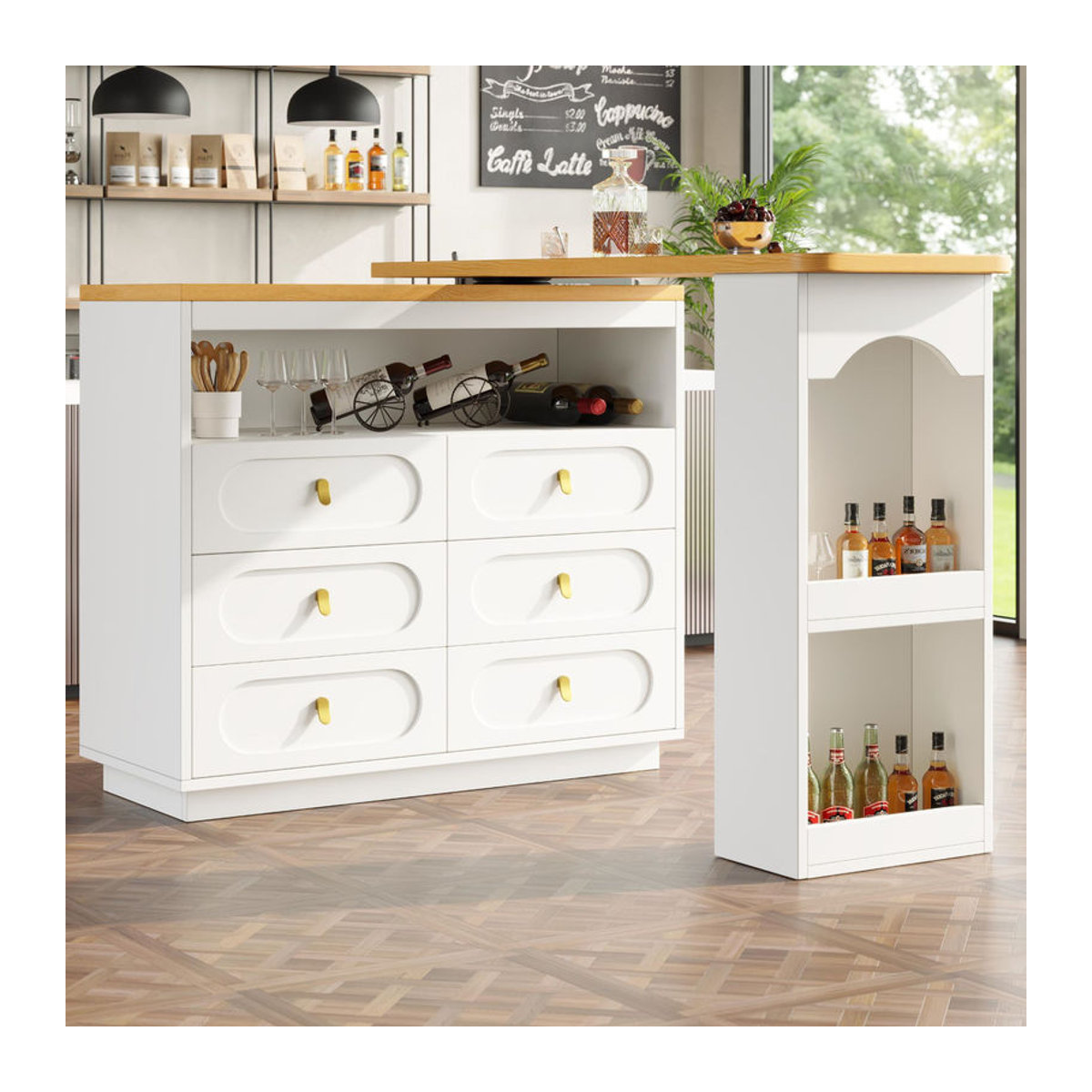 Moderner ausziehbarer Bartisch in Weiß mit 360-Grad-Drehfunktion, 6 Schubladen und seitlichem Snack-Regal, B/T/H: 137-203 x 39 x 90 cm - Bild 2
