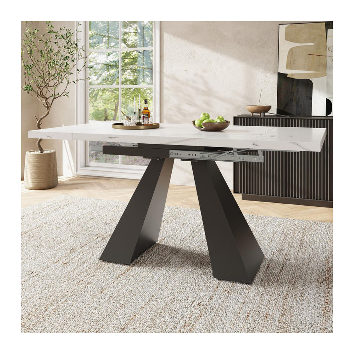 Moderner ausziehbarer Esstisch aus Holzwerkstoff und Metall in Weiß/Schwarz, Rechteckig, B/T/H: 159 x 74 x 77 cm - Bild 2