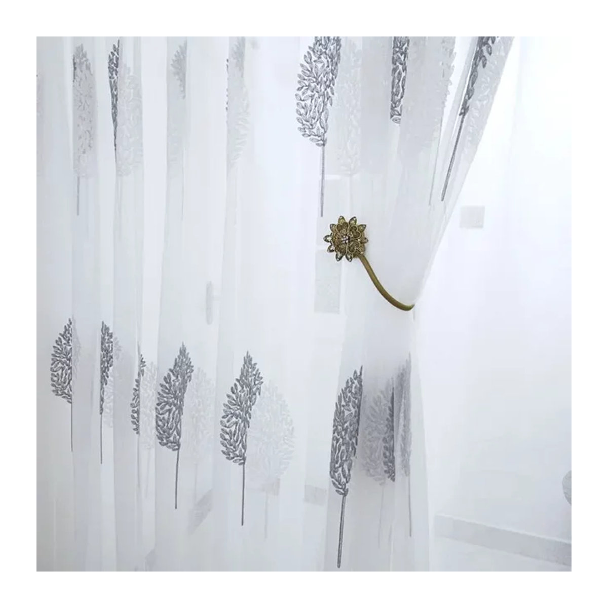 Moderner bestickter Tüllvorhang in Weiß mit Baum-Motiv, transparenter Gaze-Fensterbehang für Wohnzimmer, Balkon oder Schlafzimmer - Bild 1