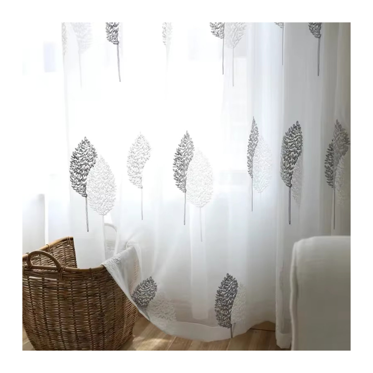Moderner bestickter Tüllvorhang in Weiß mit Baum-Motiv, transparenter Gaze-Fensterbehang für Wohnzimmer, Balkon oder Schlafzimmer - Bild 3
