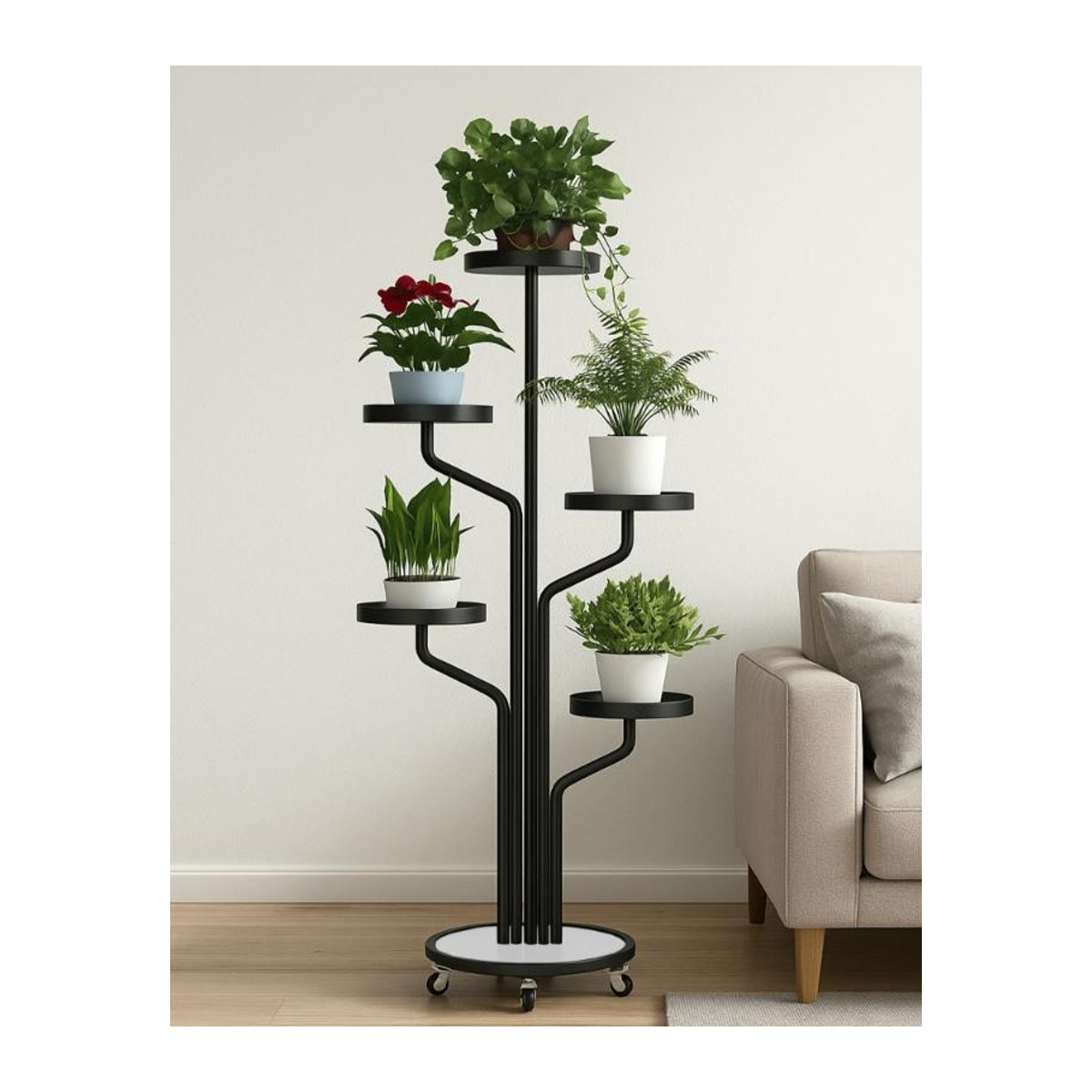 Moderner Blumenständer aus Metall mit Rollen in Schwarz, Höhe: 135 cm - Bild 2