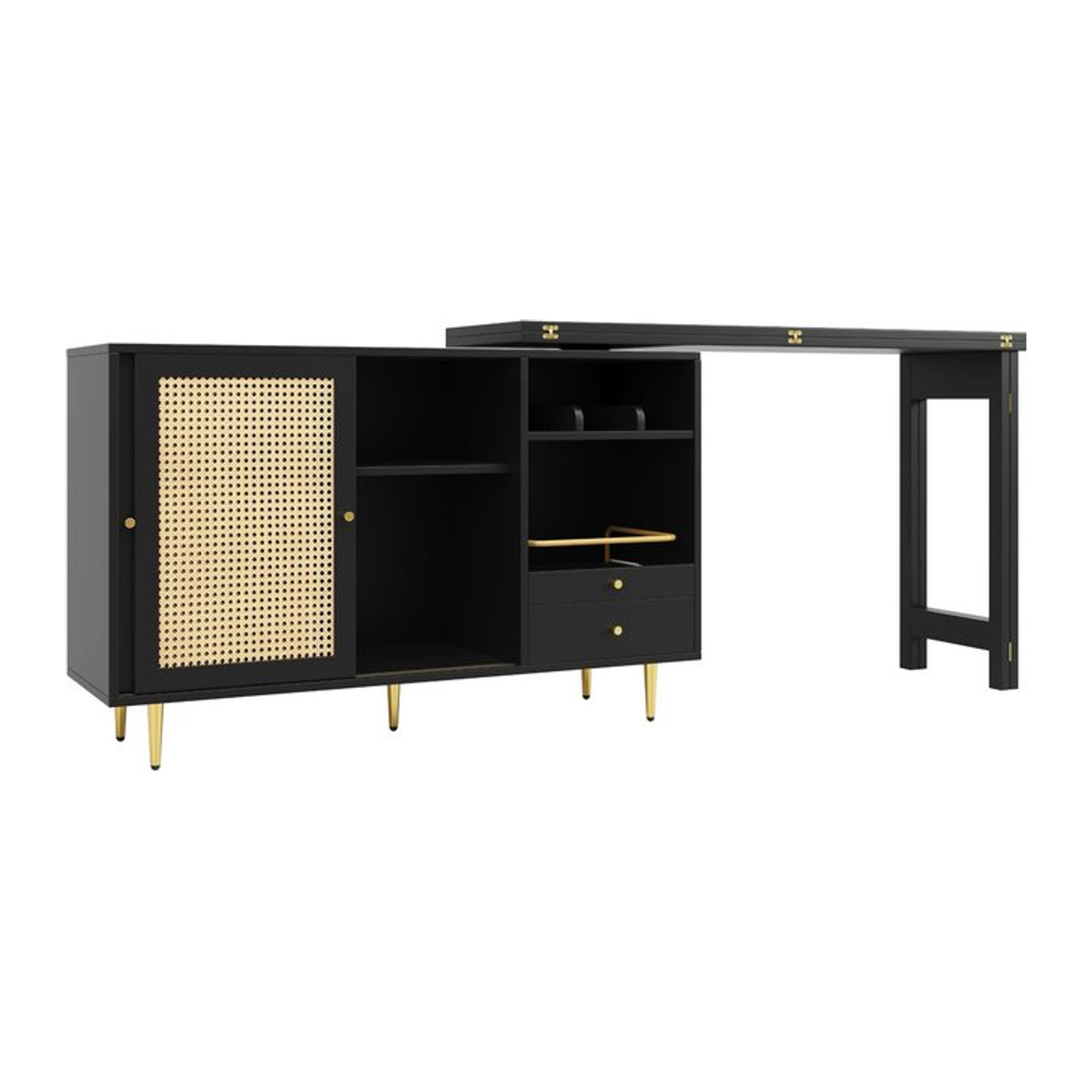 Moderner Design-Stehtisch mit 360 Grad drehbarer und ausziehbarer Tischplatte, Aufbewahrungsschrank mit Rattantür und offenem Regal, Schwarz, H: 107 cm, B: 40 cm, T: 71,4 cm - Bild 1