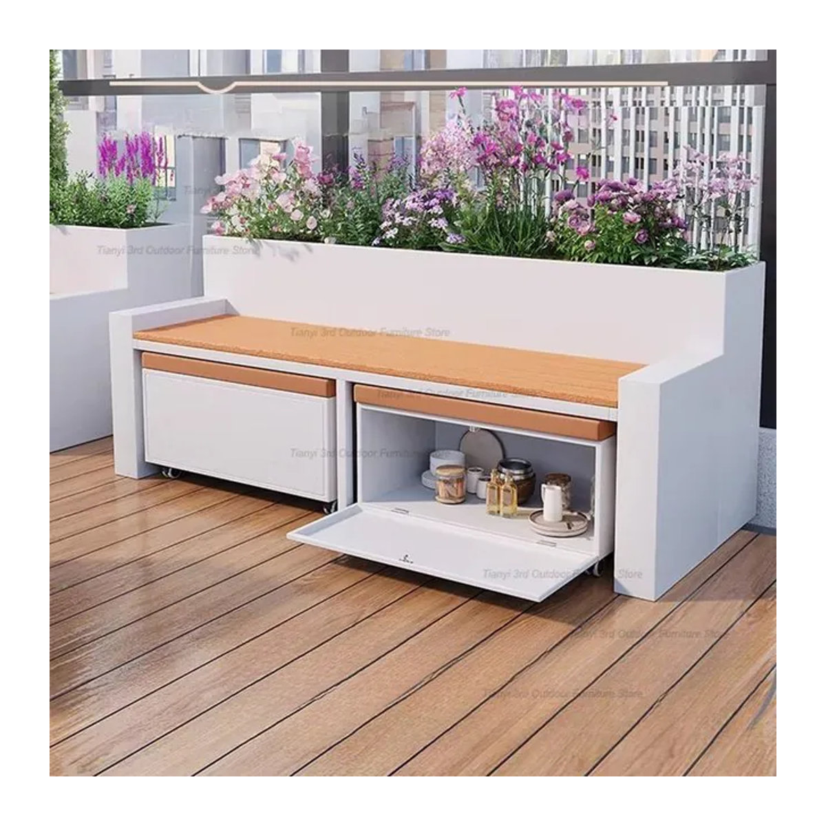 Moderner Designer-Pflanzkübel mit Sitzfläche und Schrank von FYSS in Weiß, B/T/H: 50 x 40 x 40 cm - Bild 1
