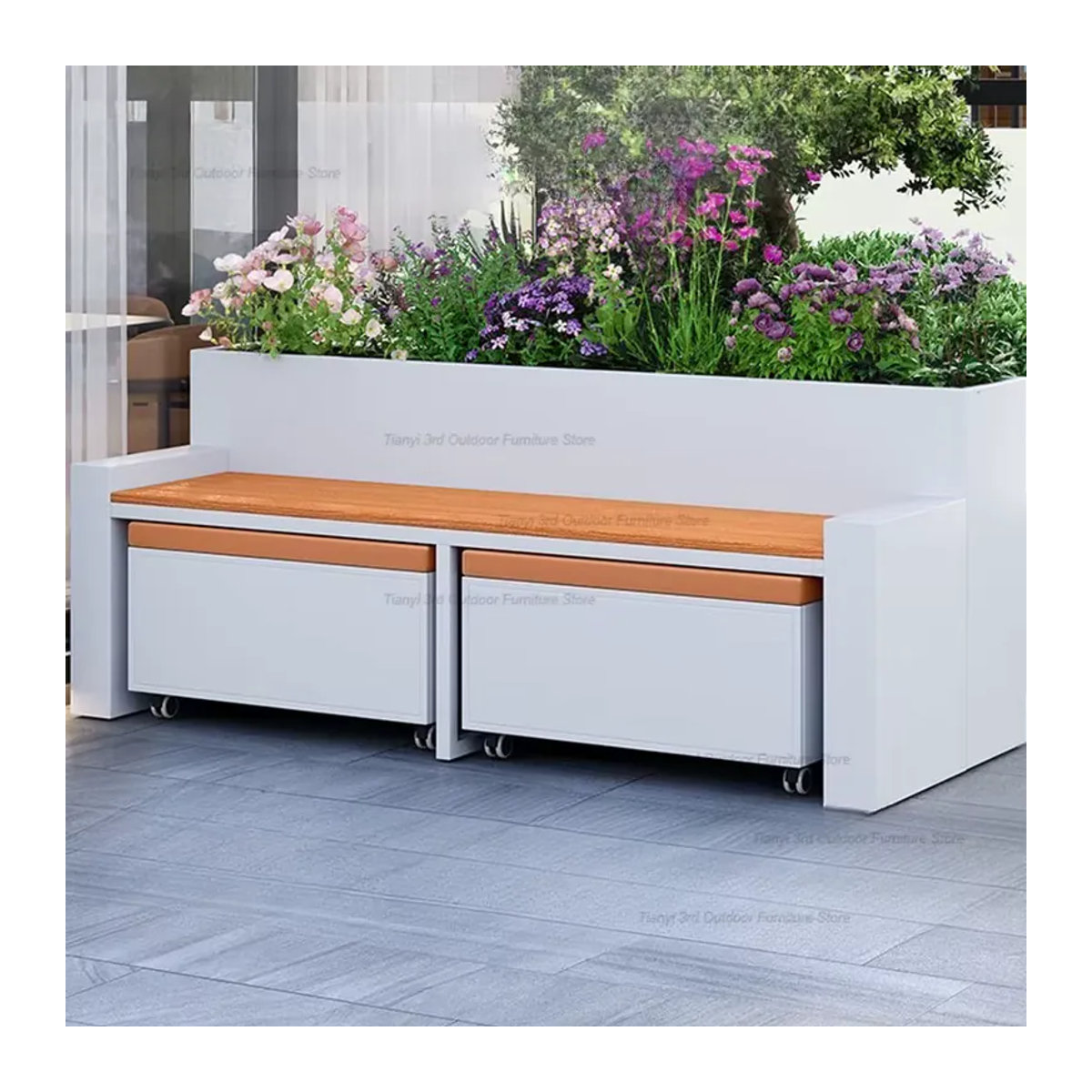 Moderner Designer-Pflanzkübel mit Sitzfläche und Schrank von FYSS in Weiß, B/T/H: 50 x 40 x 40 cm - Bild 2