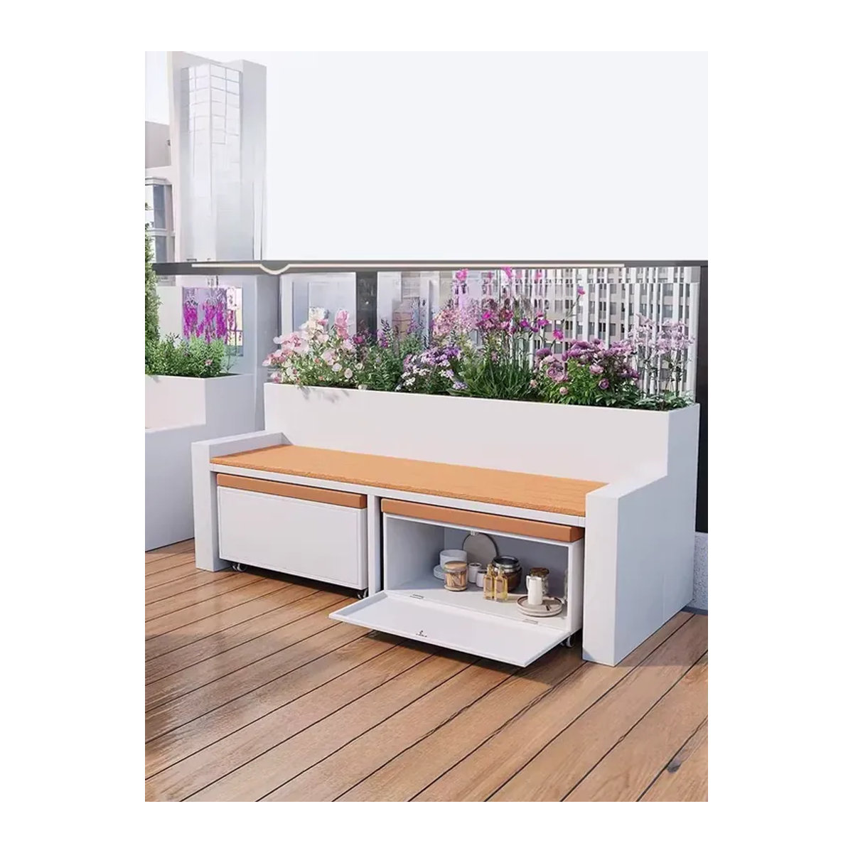 Moderner Designer-Pflanzkübel mit Sitzfläche und Schrank von FYSS in Weiß, B/T/H: 50 x 40 x 40 cm - Bild 6