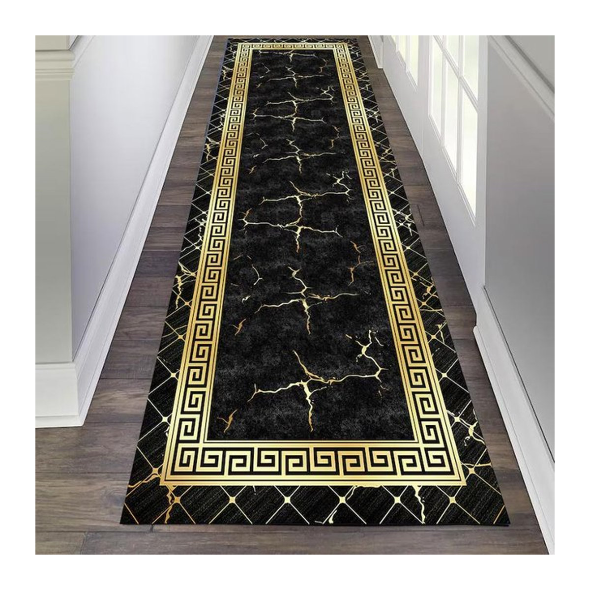 Moderner Flurläufer Lodestar mit griechischem Schlüsselmuster und Marmor-Design in Schwarz und Gold, B/T: 50 x 150 cm - Bild 1