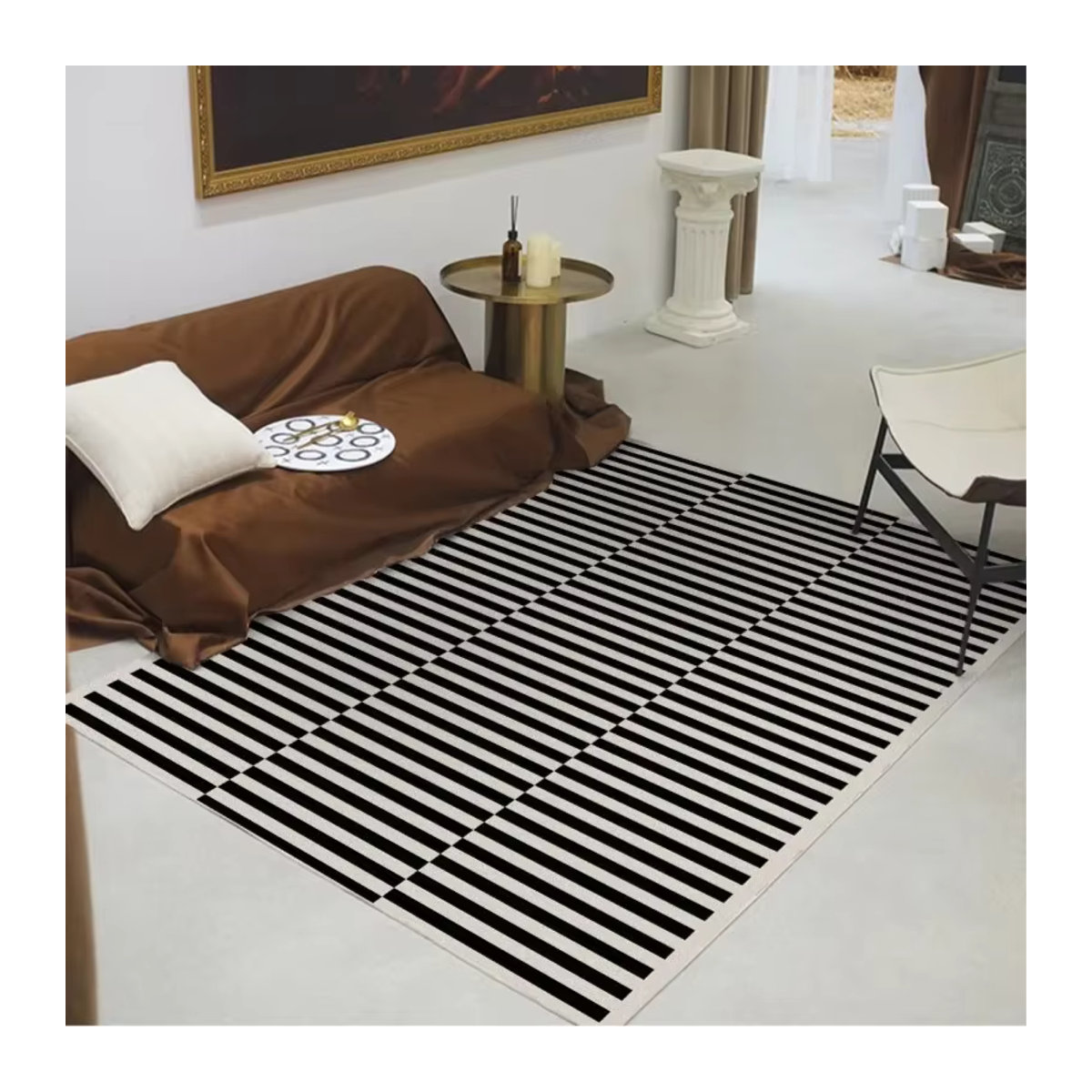 Moderner geometrischer Teppich in Schwarz-Weiß, flauschig und rutschfest für Wohnzimmer, Badezimmer oder Eingangsbereich - Bild 2