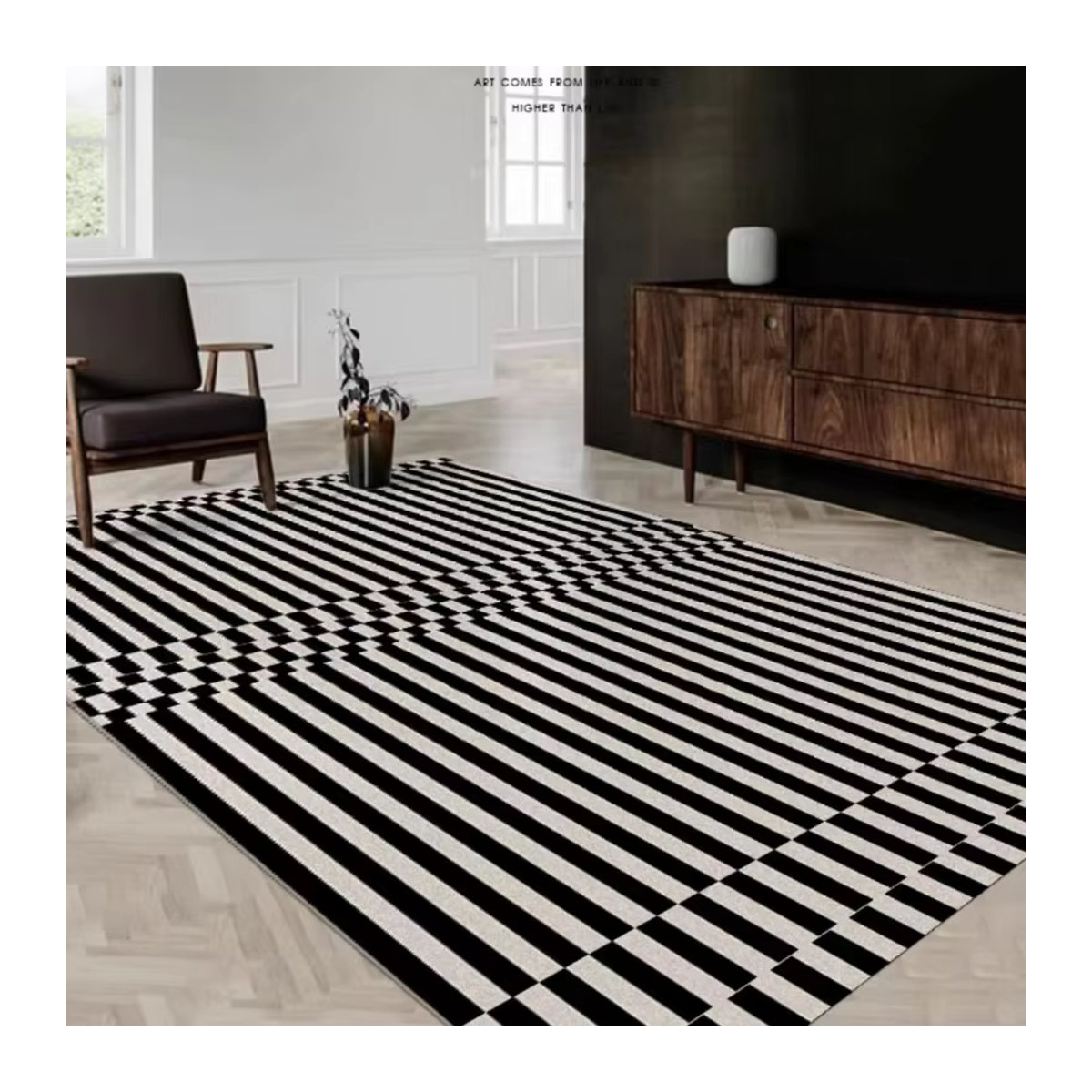 Moderner geometrischer Teppich in Schwarz-Weiß, flauschig und rutschfest für Wohnzimmer, Badezimmer oder Eingangsbereich - Bild 3