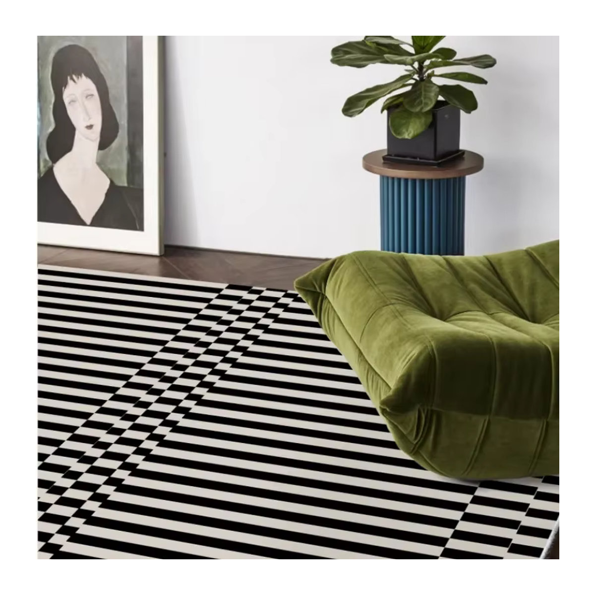Moderner geometrischer Teppich in Schwarz-Weiß, flauschig und rutschfest für Wohnzimmer, Badezimmer oder Eingangsbereich - Bild 4