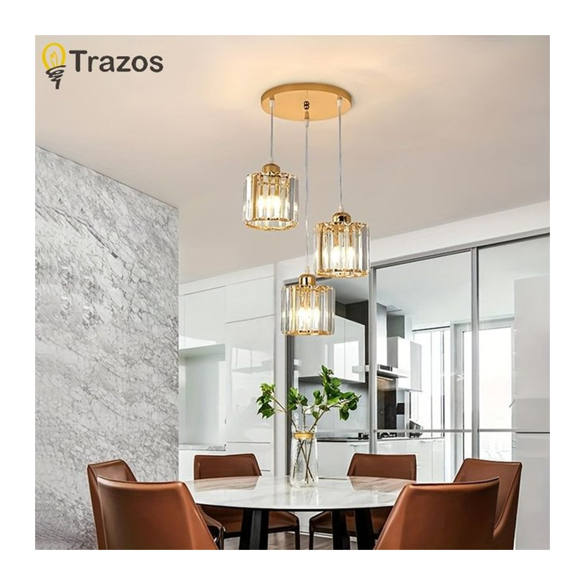 Moderner Kristall-Kronleuchter von TRAZOS in Gold mit Glas-Elementen für dein Esszimmer - Bild 1