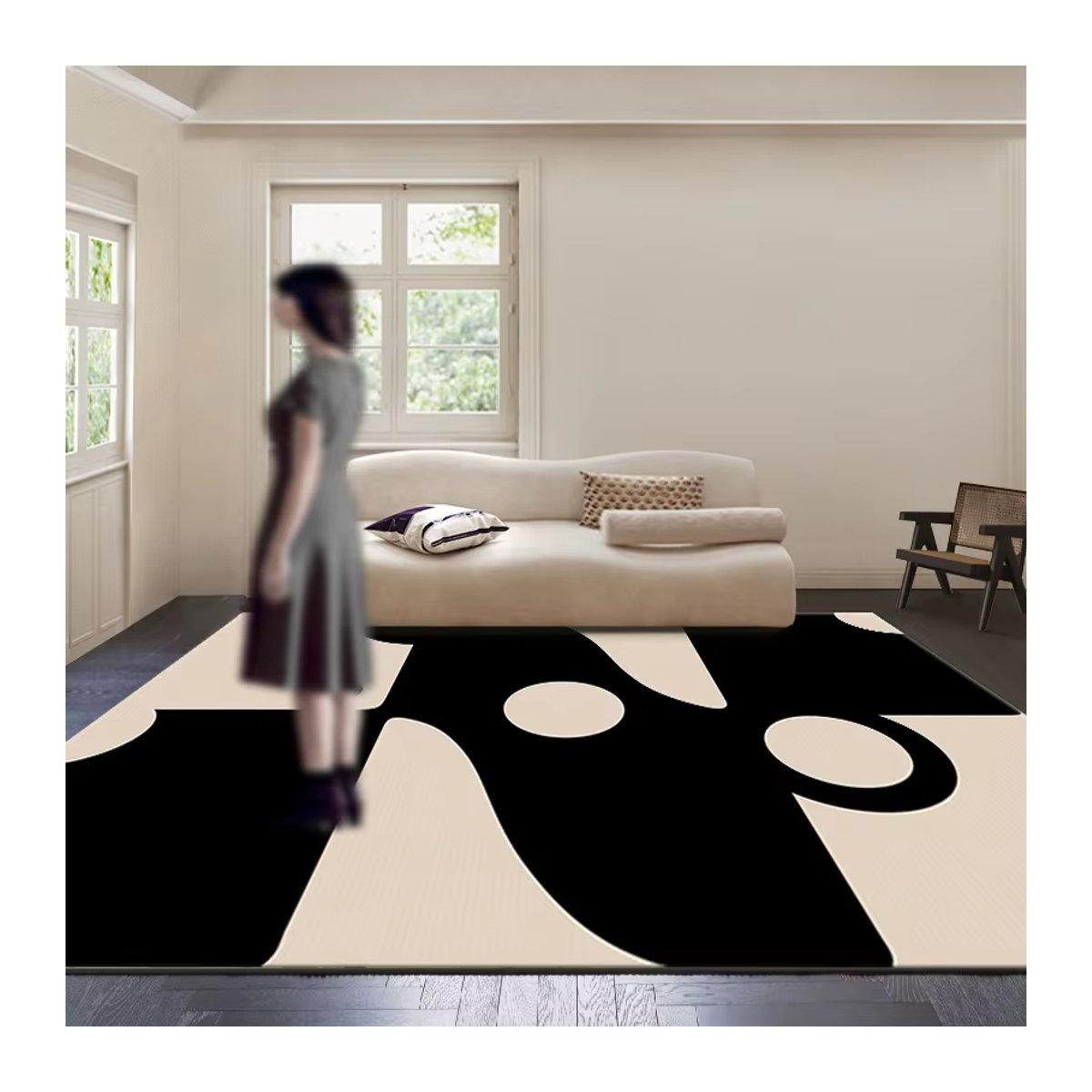 Moderner Kunstteppich in Schwarz-Weiß für Wohnzimmer, Küche oder Kinderzimmer, rutschfest und waschbar - Bild 2