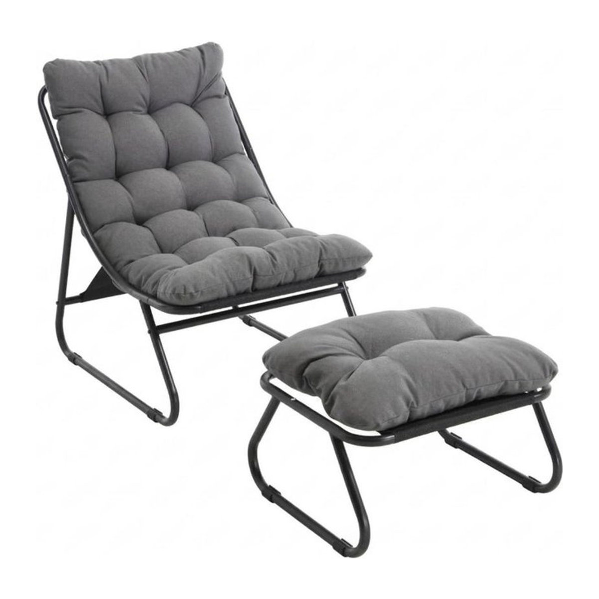 Moderner Outdoor-Lounge-Sessel mit Hocker und Polsterkissen aus Mesh-Gewebe und Stahlrahmen in Grau und Schwarz - Bild 1