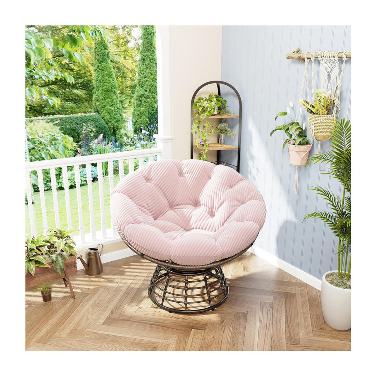 Moderner Papasan-Loungesessel mit 360 Grad Drehbarkeit aus Cordstoff und Stahlrahmen, Rosa, B/T/H: 92 x 92 x 67 cm - Bild 2