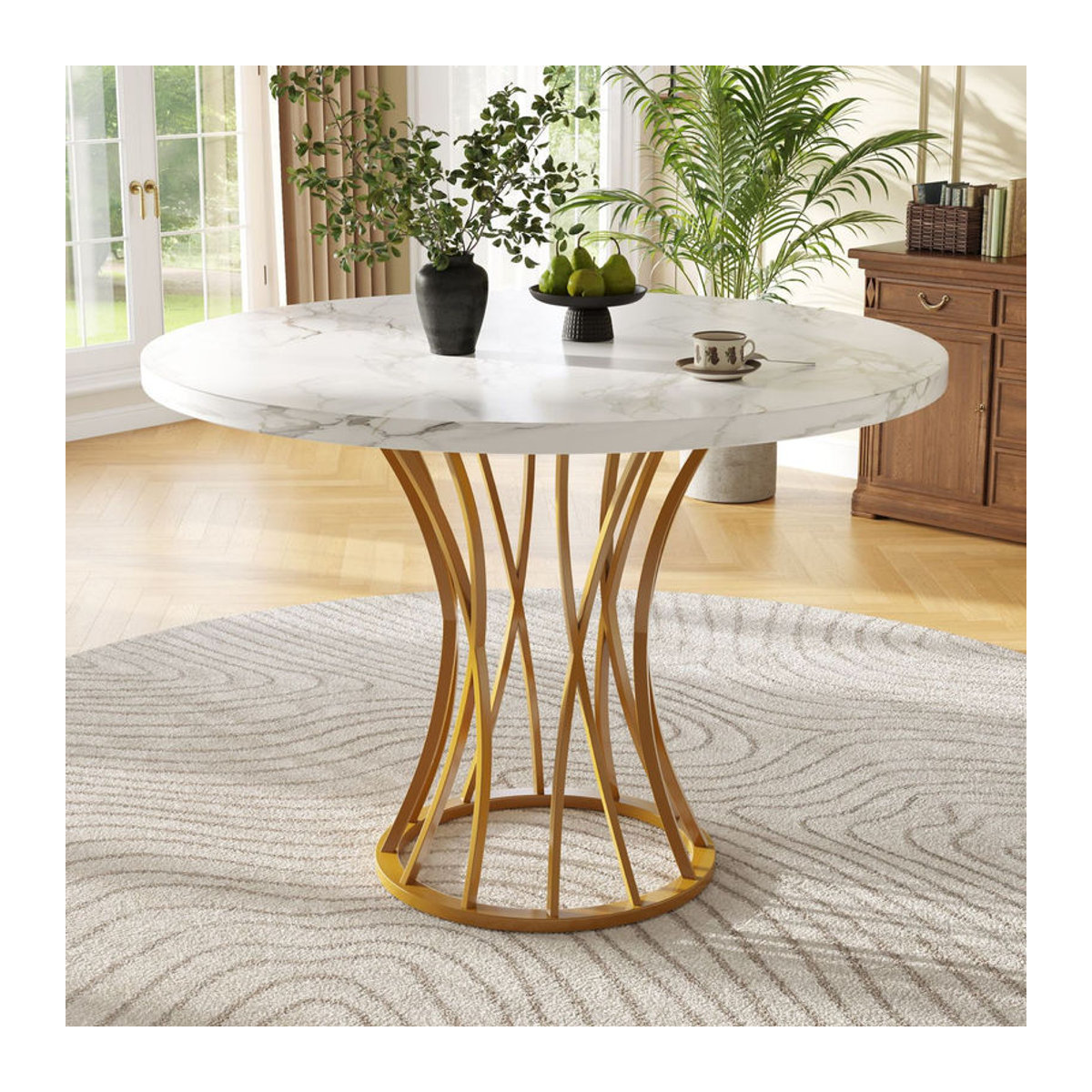 Moderner runder Esstisch FC aus Holzwerkstoff und Metall in Weiß und Gold, B/T/H: 80 x 80 x 76 cm - Bild 2