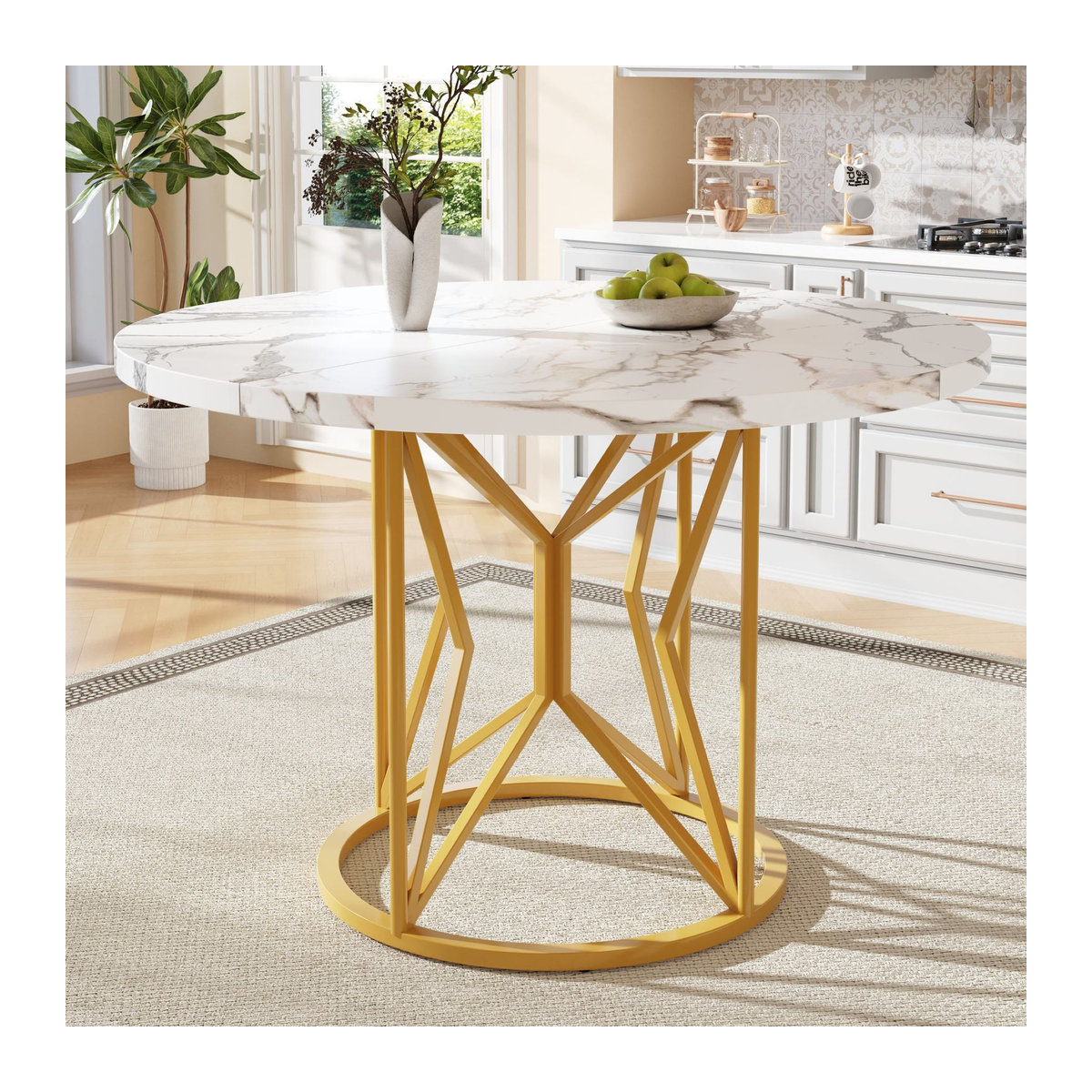 Moderner runder Esstisch FC aus MDF und Metall in Weiß und Gold, Durchmesser: 100 cm, Höhe: 76 cm - Bild 2