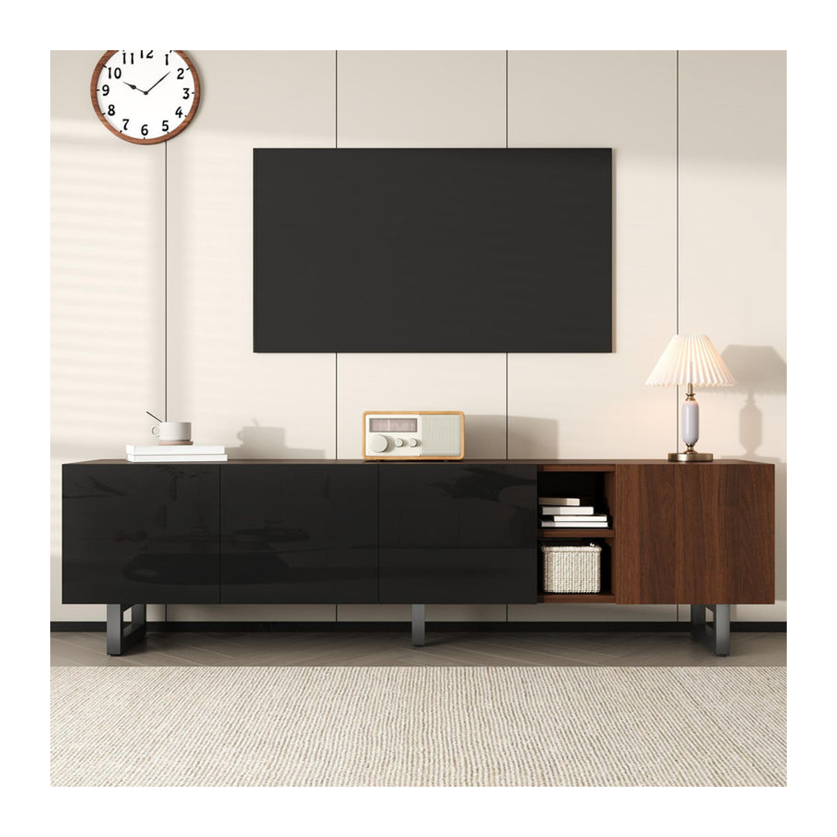 Moderner TV-Schrank von GL Store in Schwarz/Natur mit minimalistischem Design und Metall-Elementen, B/T/H: 180 x 38 x 50 cm - Bild 2
