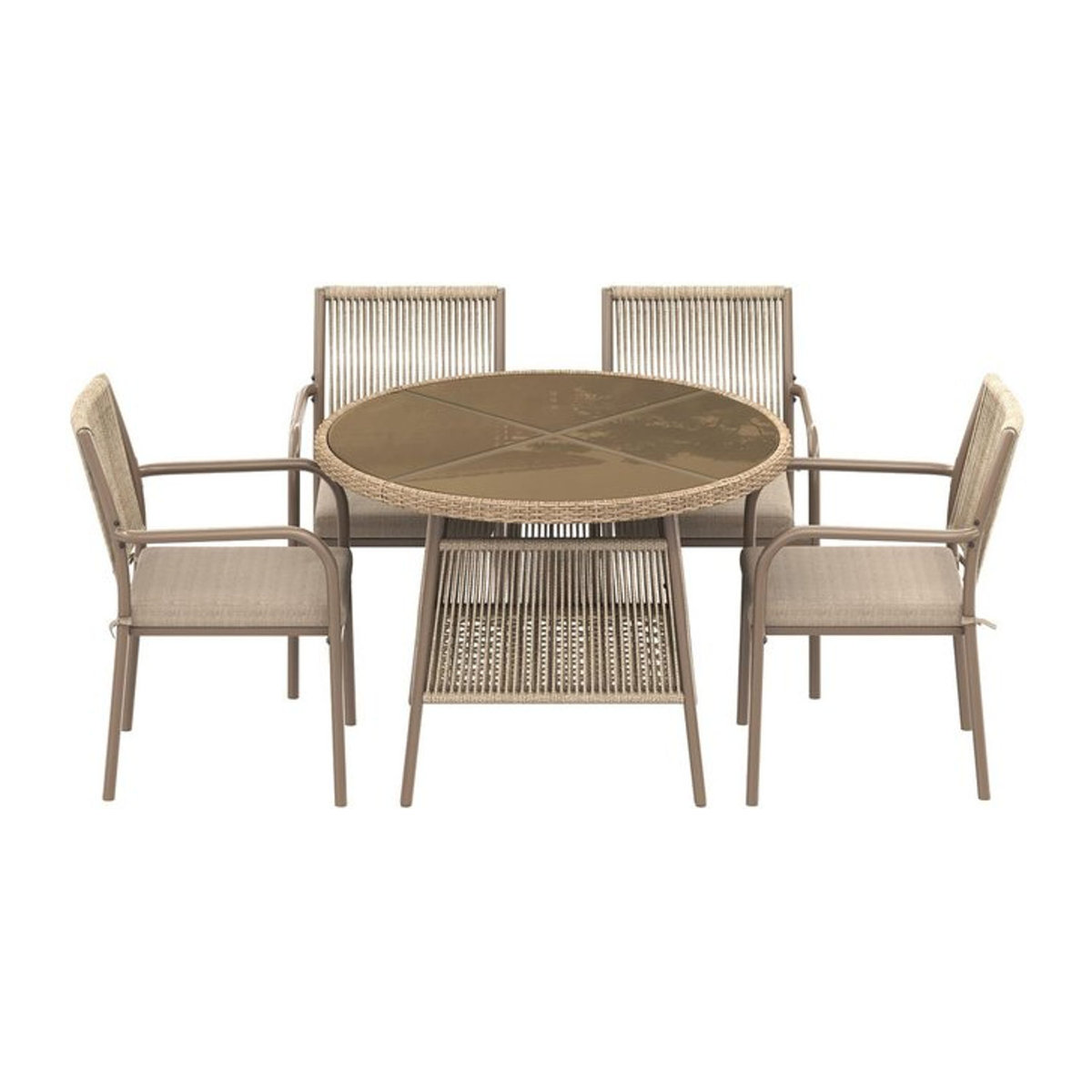 Modernes 5-teiliges Gartenmöbel-Set von GL Store in Braun mit rundem Glastisch und 4 Armlehnstühlen aus Polyrattan und Metall - Bild 1