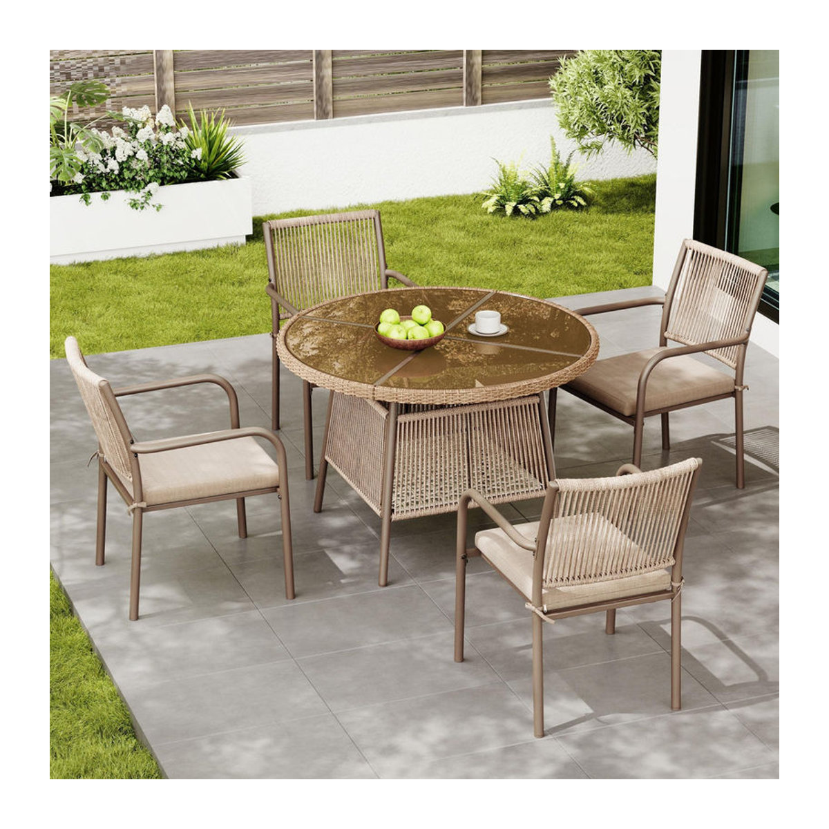 Modernes 5-teiliges Gartenmöbel-Set von GL Store in Braun mit rundem Glastisch und 4 Armlehnstühlen aus Polyrattan und Metall - Bild 2