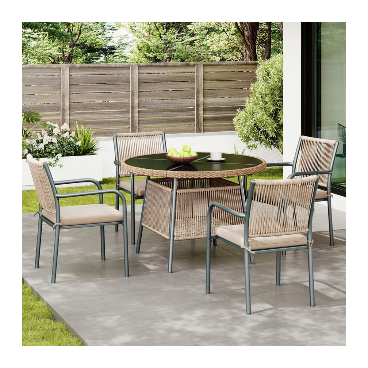 Modernes 5-teiliges Gartenmöbel-Set von GL Store in Grau mit rundem Glastisch und 4 Armlehnstühlen aus Polyrattan und Metall - Bild 2