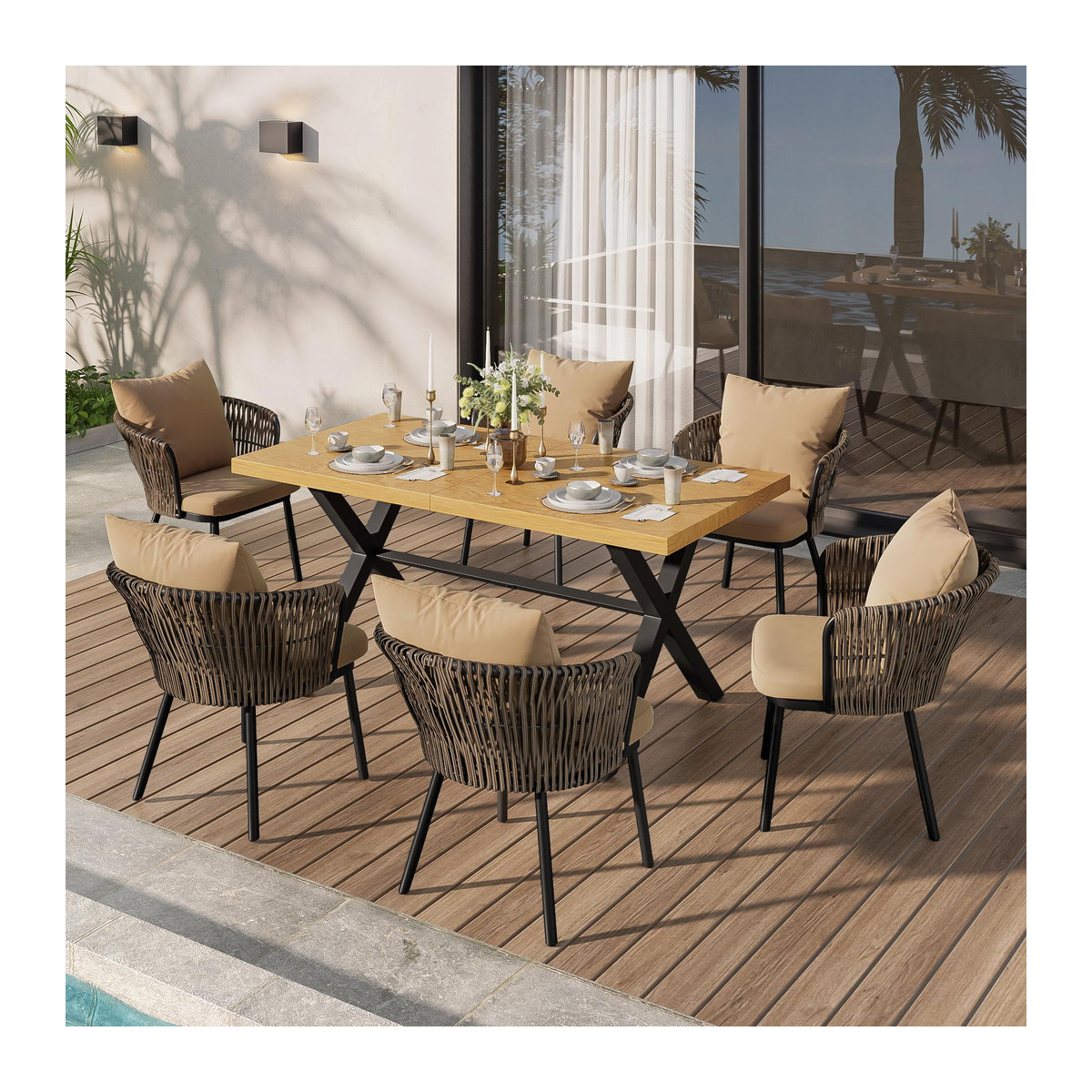 Modernes 6-teiliges Garten-Essgruppen-Set von GL Store aus Rattan und Metall in Khaki und Naturfarbe für 6 Personen - Bild 2