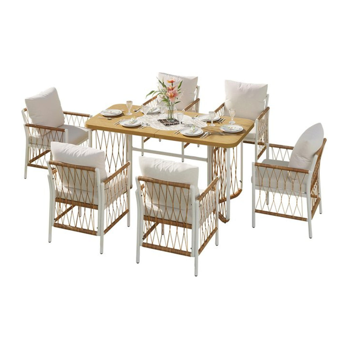 Modernes 7-teiliges Gartenmöbel-Set von GL Store mit weißem Metallgestell und Polyrattan in Beige und Naturfarbe, bestehend aus 1 Tisch und 6 Stühlen - Bild 1