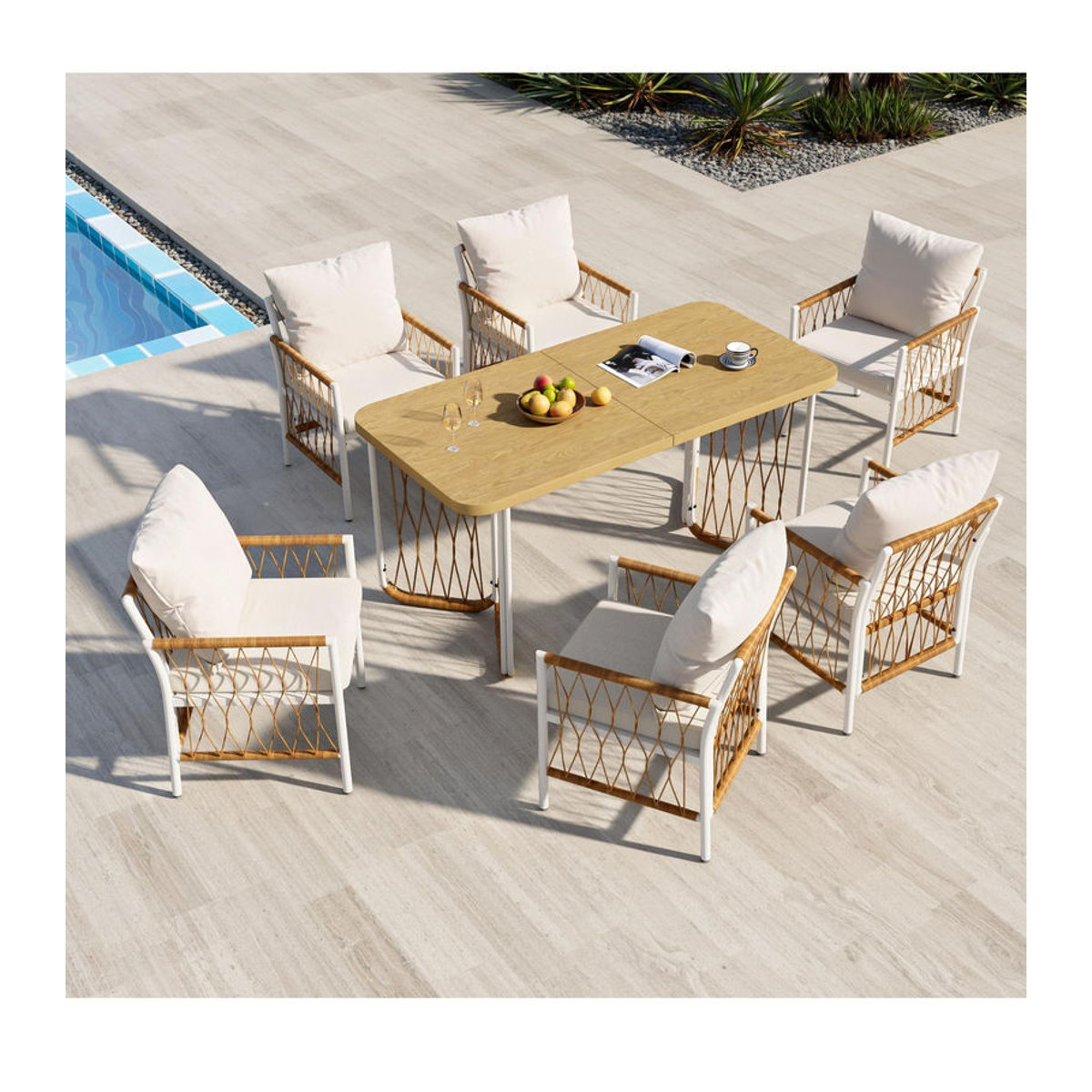 Modernes 7-teiliges Gartenmöbel-Set von GL Store mit weißem Metallgestell und Polyrattan in Beige und Naturfarbe, bestehend aus 1 Tisch und 6 Stühlen - Bild 2