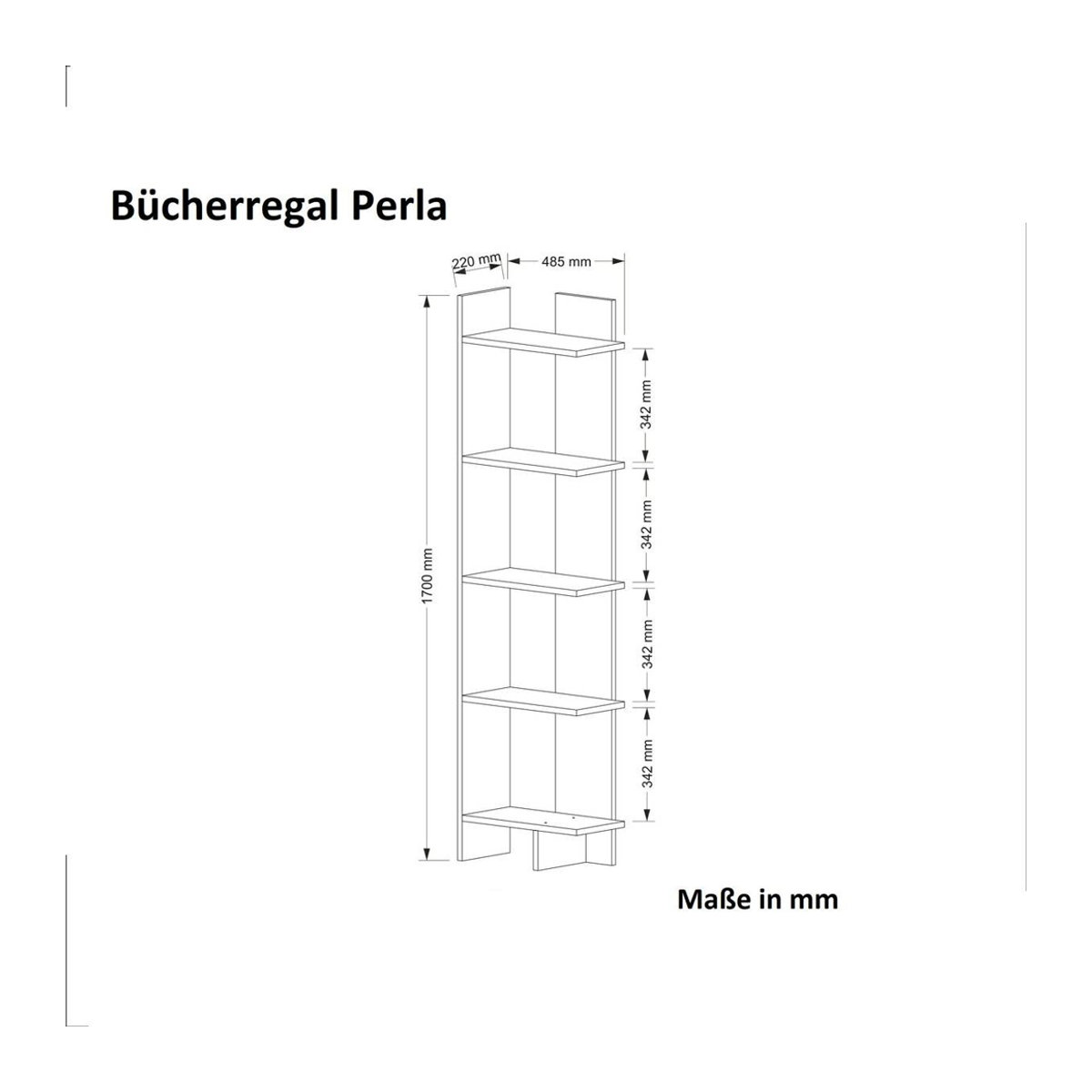 Modernes Bücherregal Perla in Weiß, B/H/T: 48,5 x 170 x 22 cm - Bild 5