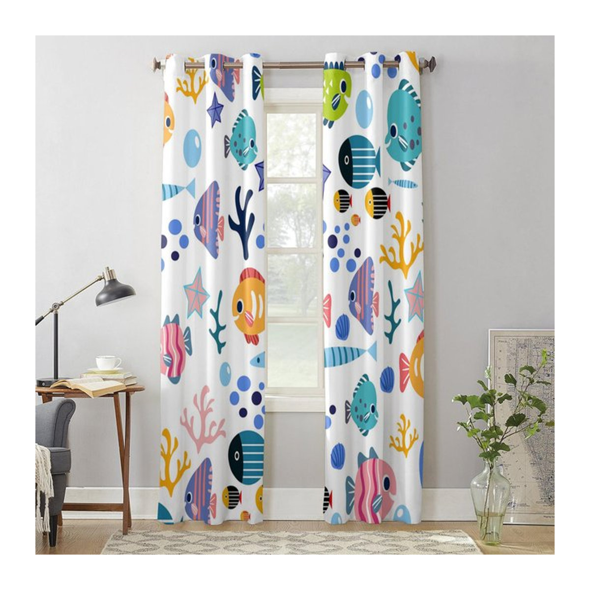 Modernes Fenstervorhang-Set mit Cartoon-Tier-Motiv, Fischen, Korallen und Muscheln, halbtransparent, Multicolor, Breite: 135 cm, Höhe: 60 cm - Bild 1