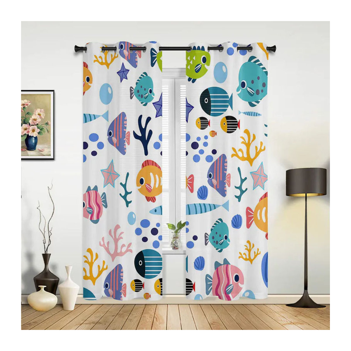Modernes Fenstervorhang-Set mit Cartoon-Tier-Motiv, Fischen, Korallen und Muscheln, halbtransparent, Multicolor, Breite: 135 cm, Höhe: 60 cm - Bild 2