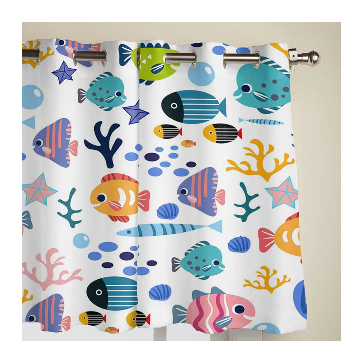 Modernes Fenstervorhang-Set mit Cartoon-Tier-Motiv, Fischen, Korallen und Muscheln, halbtransparent, Multicolor, Breite: 135 cm, Höhe: 60 cm - Bild 3