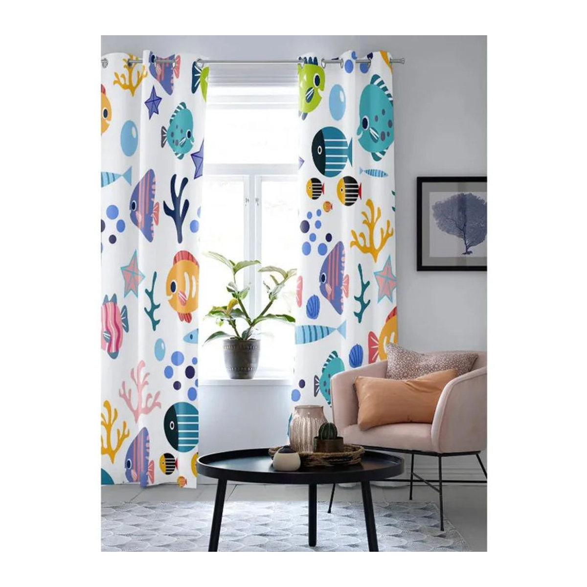 Modernes Fenstervorhang-Set mit Cartoon-Tier-Motiv, Fischen, Korallen und Muscheln, halbtransparent, Multicolor, Breite: 135 cm, Höhe: 60 cm - Bild 4