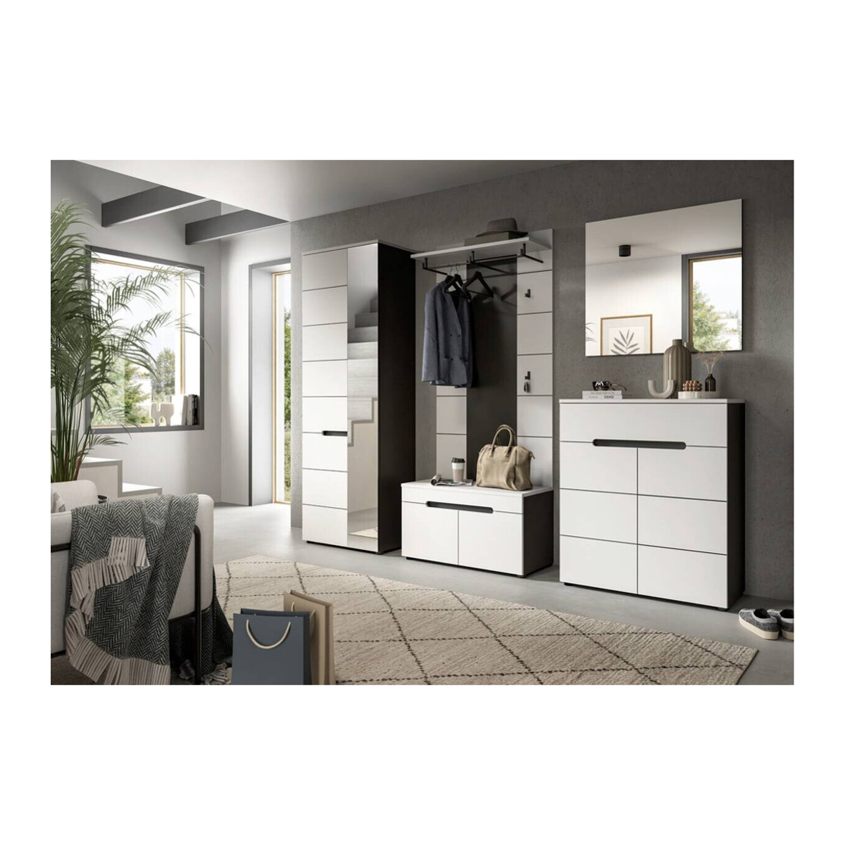 Modernes Garderobenset Canu von xonox.home in Basaltgrau und Weiß mit Drehtüren B/H/T: 255 x 190 x 37 cm - Bild 2