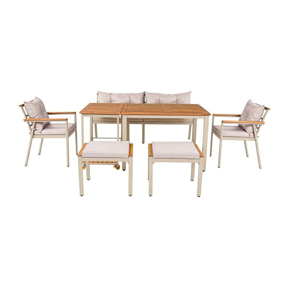 Modernes Gartenmöbel-Set von GL Store mit 6-7 Sitzplätzen, Esstisch und Stühlen aus Holz und Stoff in Beige und Naturfarbe - Bild 1