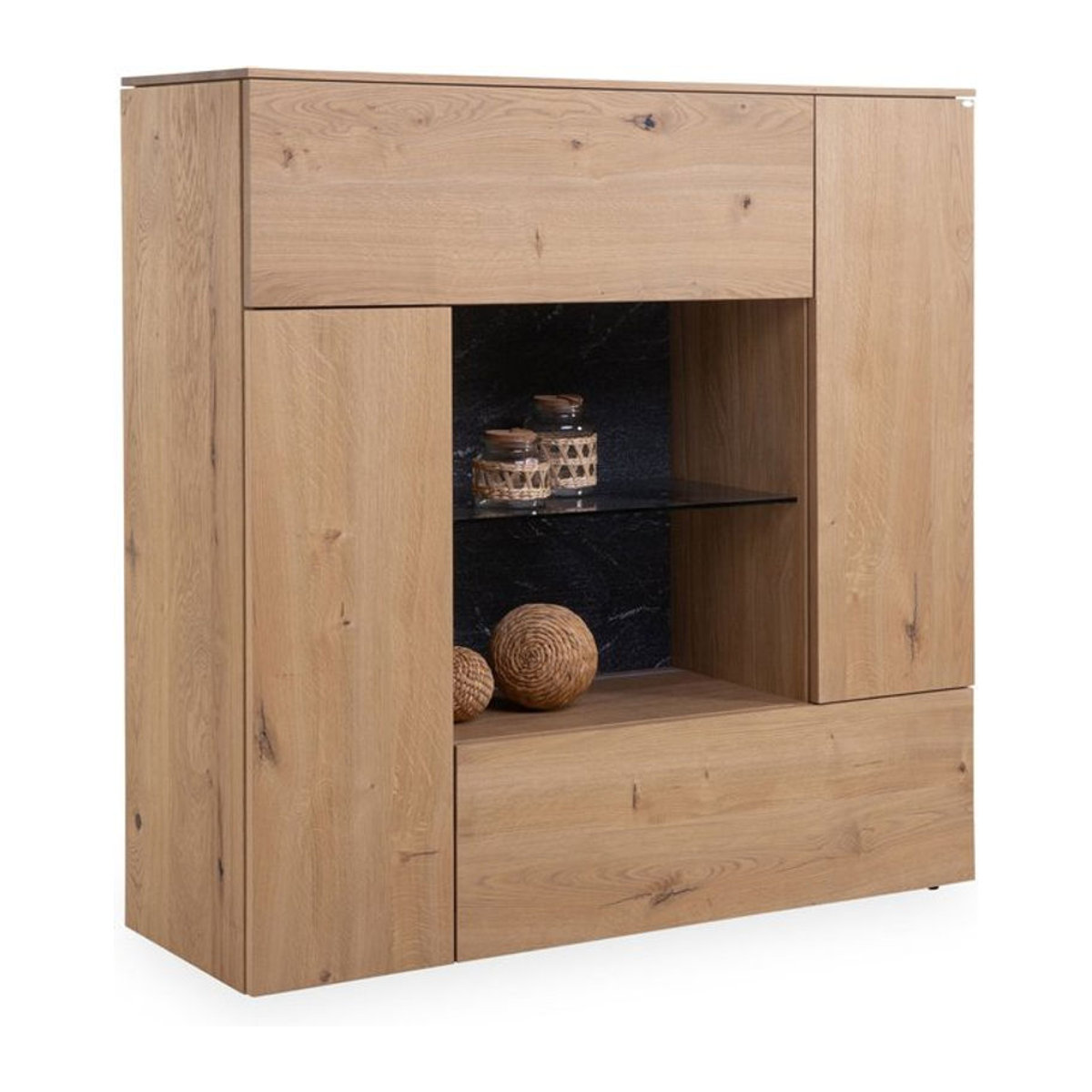 Modernes Highboard VOGLAUER VROCK in Eiche Natur, Braun und Schwarzgrau mit Glas und Granit, B/T/H: 131,5 x 42,8 x 73,9 cm - Bild 1