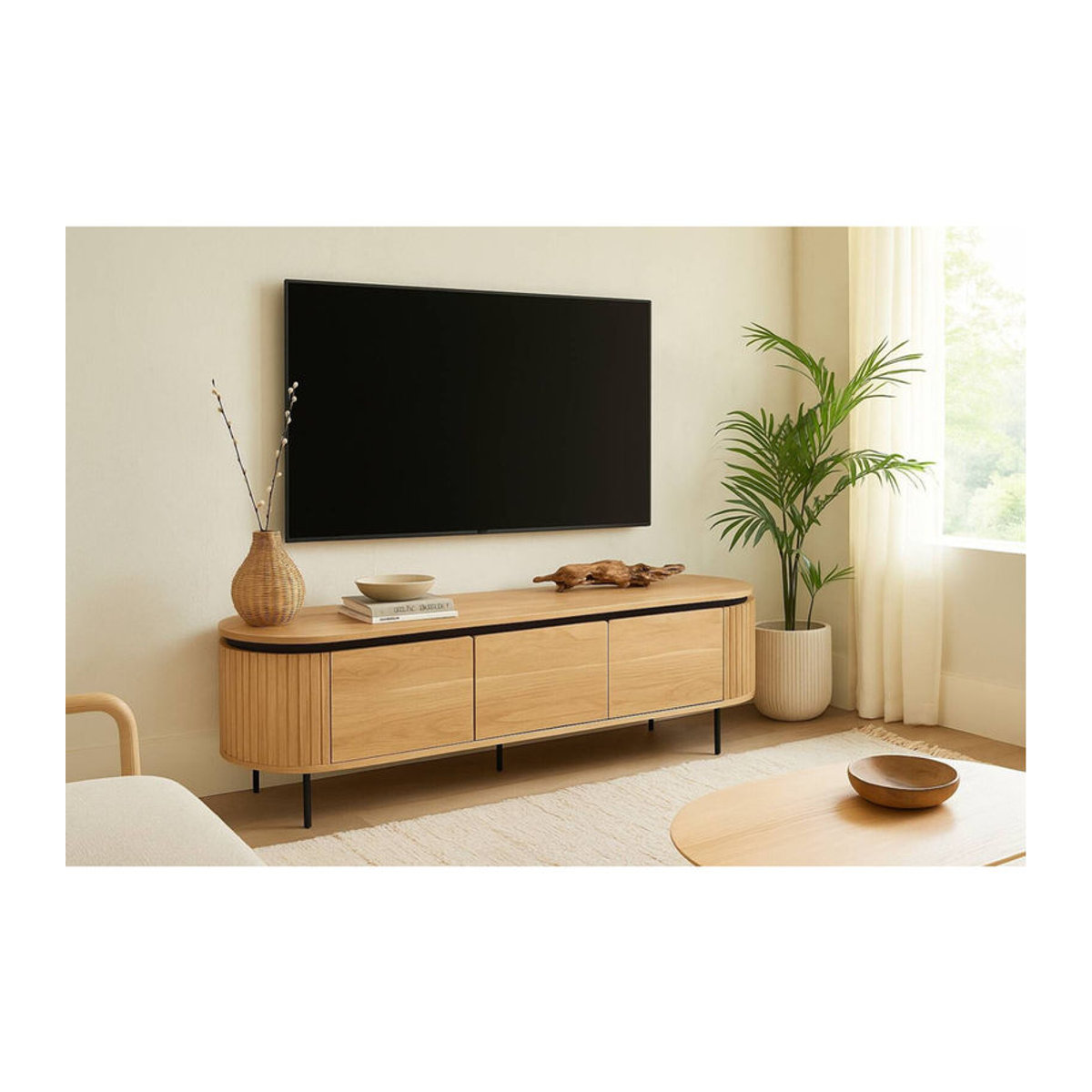Modernes Lowboard WIPMEB aus Holzwerkstoff und Metall in Eiche Natur und Schwarz, B/H/T: 160 x 55 x 40 cm - Bild 2