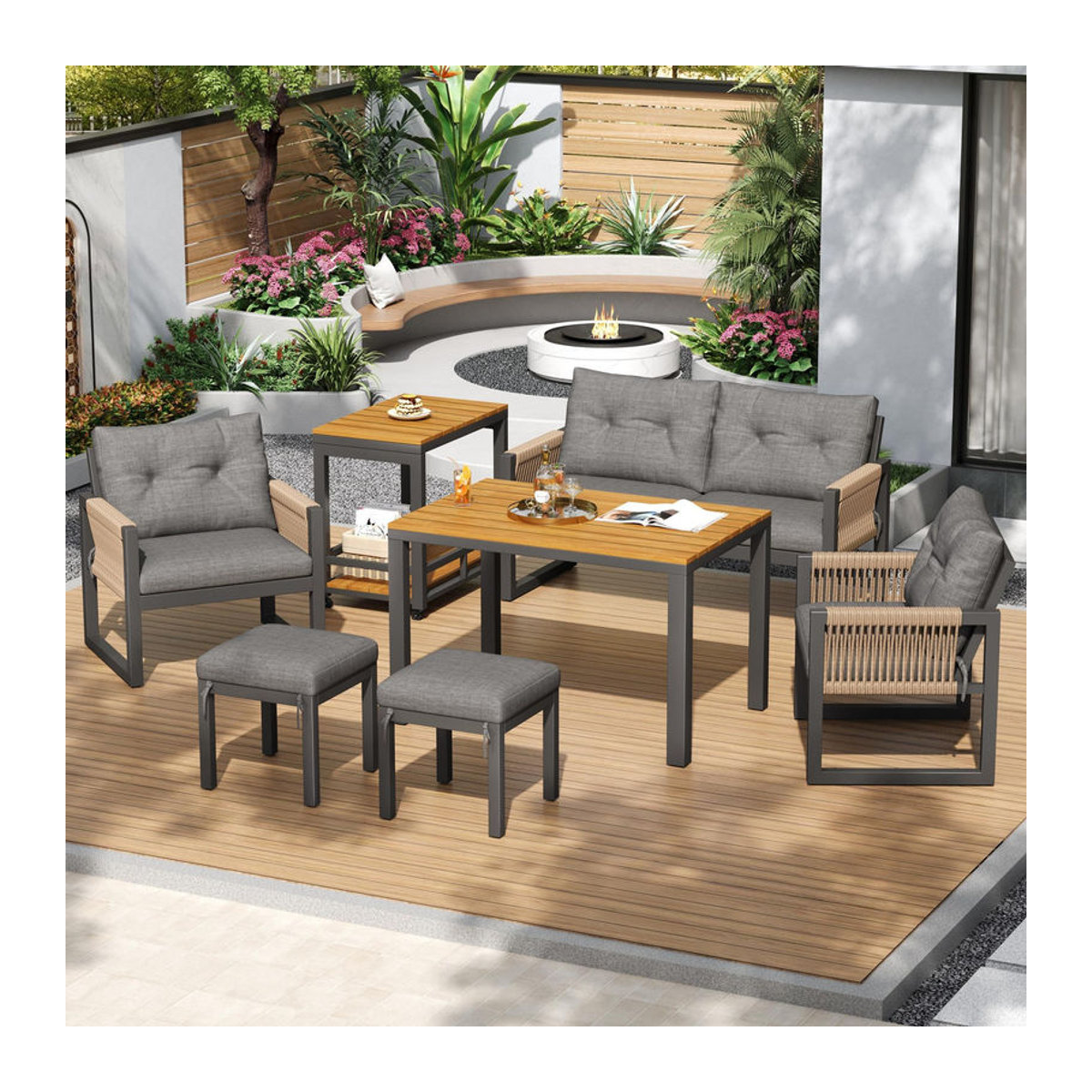 Modernes Outdoor-Sofa-Set von GL Store mit Polyrattan-Geflecht, abnehmbarem Tisch und dicken Polsterkissen in Grau und Naturfarben - Bild 2