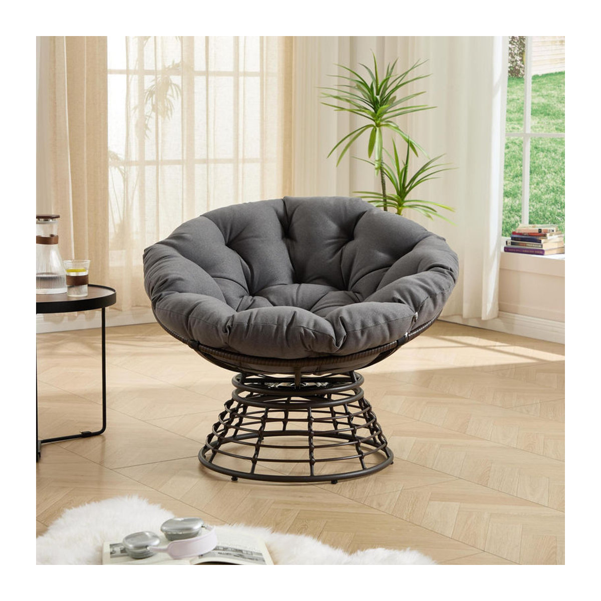 Modernes Papasan-Loungesessel W2021 mit 360 Grad Drehbarkeit und dickem Polyester-Kissen in Grau, B/T/H: 92 x 92 x 67 cm - Bild 2