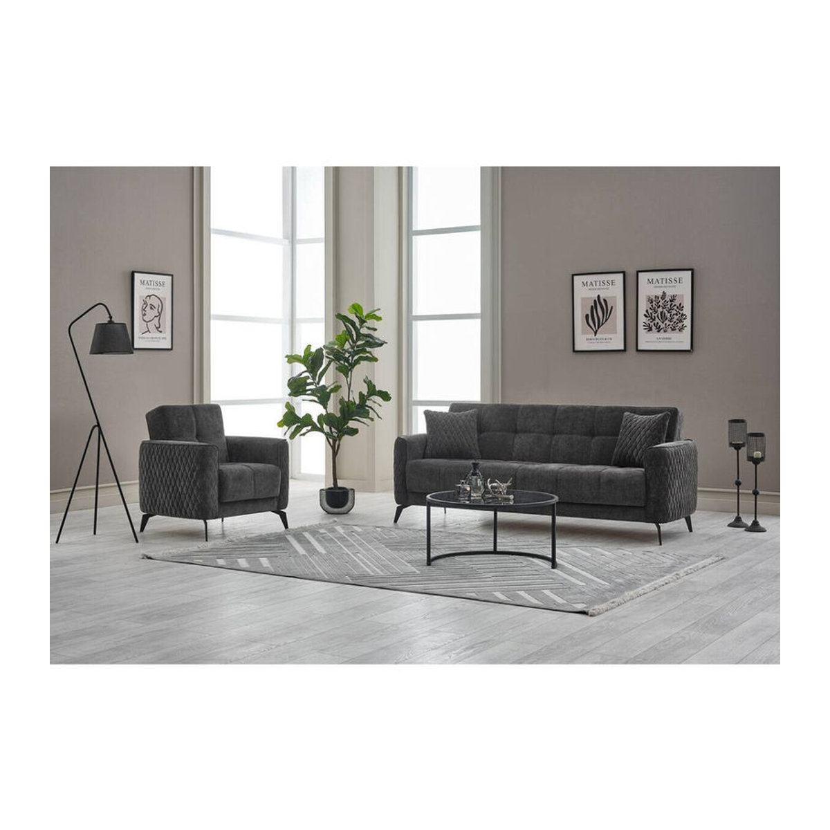 Modernes Schlafsofa Lendor in Grau mit Webstoff und Metallgestell (3-2-1 Set) - Bild 2