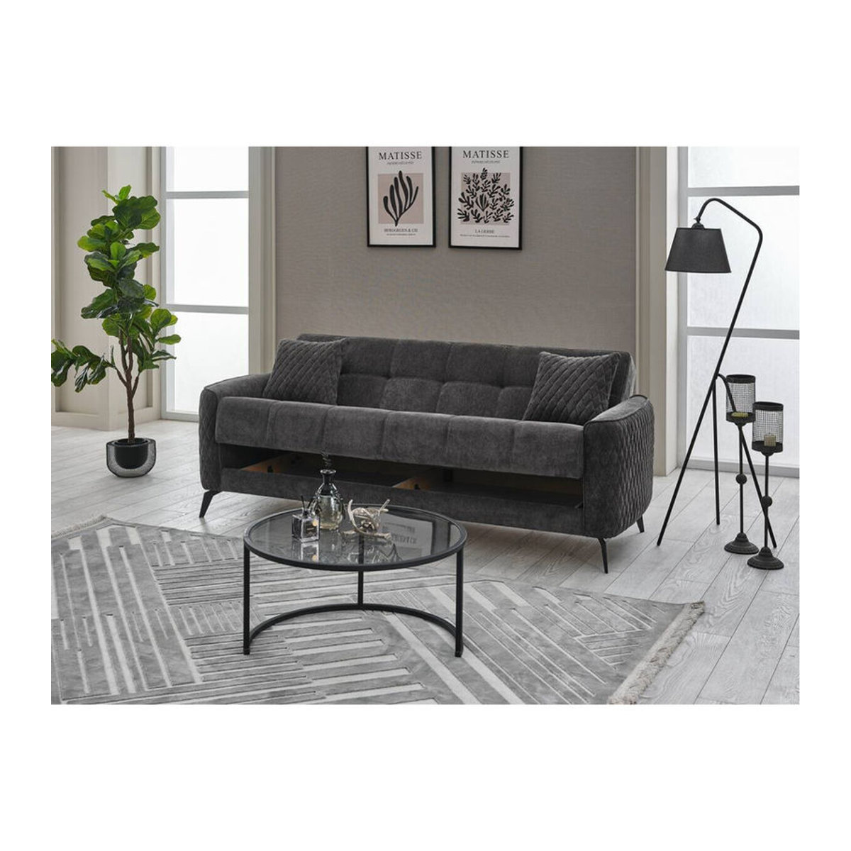Modernes Schlafsofa Lendor in Grau mit Webstoff und Metallgestell (3-2-1 Set) - Bild 3