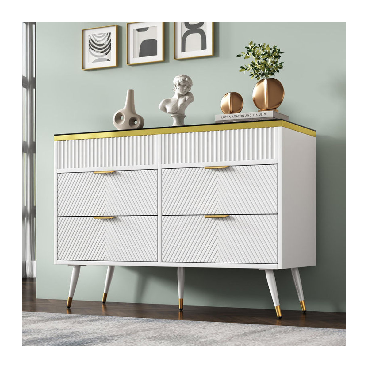 Modernes Sideboard AB Store mit 6 Schubladen und Bernstein Glas in Weiß, B/T/H: 120 x 40 x 76 cm - Bild 2