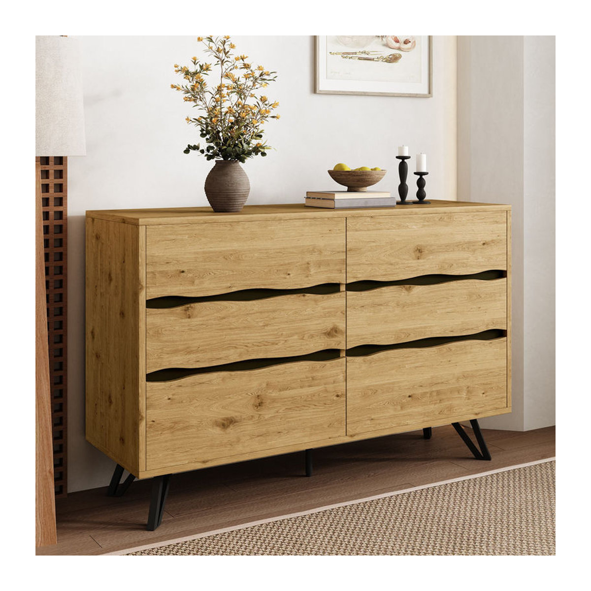 Modernes Sideboard GL Store im Industrial Design mit 6 Schubladen aus Holzwerkstoff und Metallfüßen, Natur, B/T/H: 120 x 40 x 75,5 cm - Bild 2