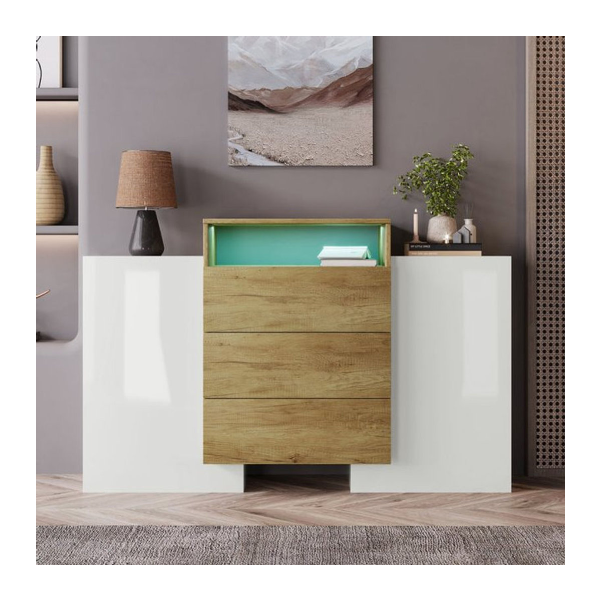 Modernes Sideboard von GL Store mit LED-Beleuchtung, zwei Türen, zwei Regalen und drei Schubladen in Weiß und Holzfarbe, B/T/H: 140 x 30 x 77,5 cm - Bild 1
