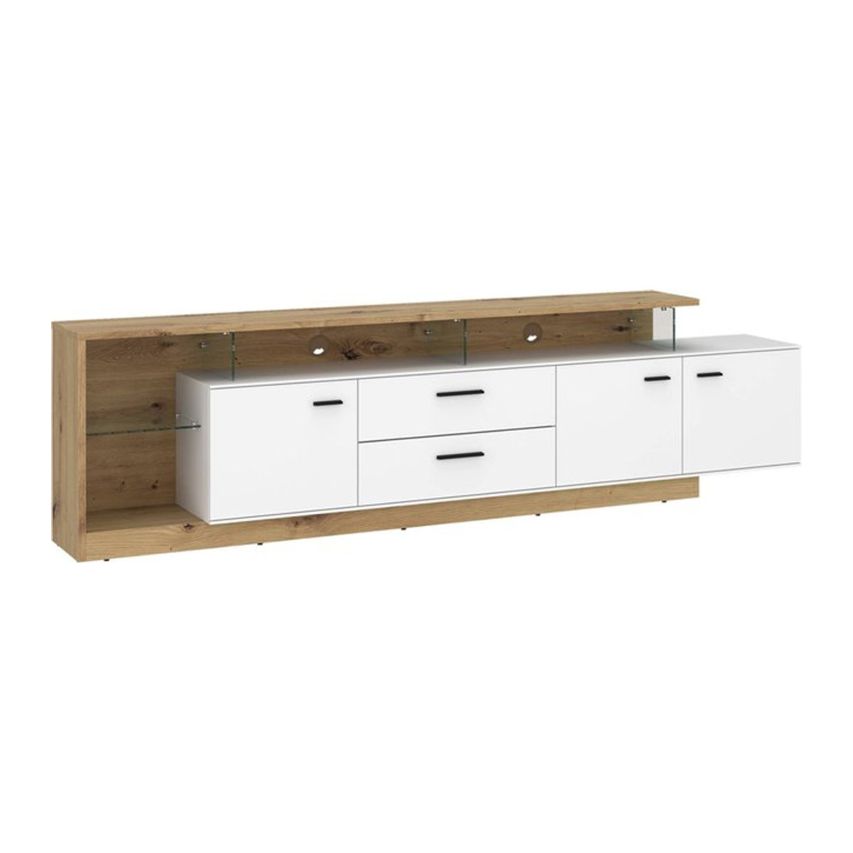 Modernes TV-Lowboard Covelo in Weiß und Eiche Natur mit Glas und Holzwerkstoff, B/H/T: 236 x 66 x 40 cm - Bild 1