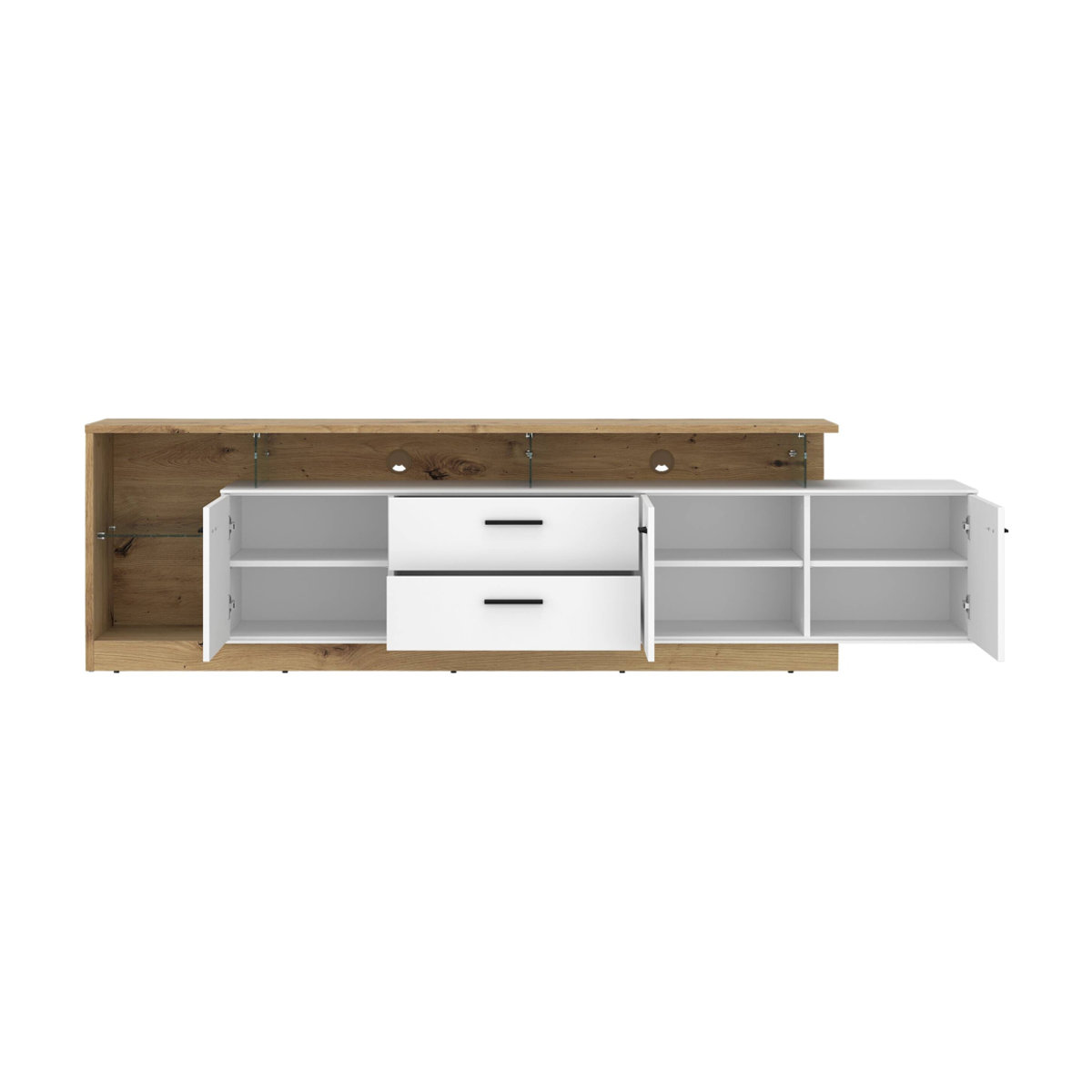 Modernes TV-Lowboard Covelo in Weiß und Eiche Natur mit Glas und Holzwerkstoff, B/H/T: 236 x 66 x 40 cm - Bild 2
