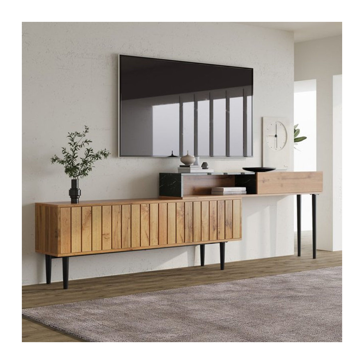 Modernes TV-Lowboard von GL Store in Braun mit Marmor- und Holzdesign sowie stabilen Metallbeinen - Bild 1