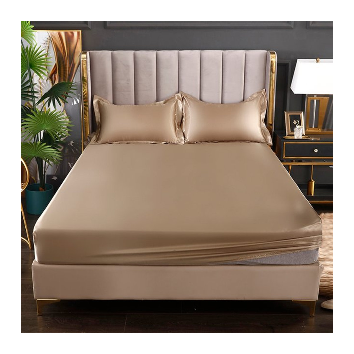 Modisches Satin-Spannbetttuch in King-Size, elastisch, ohne Kissenbezüge, B/T: 200 x 220 cm - Bild 1