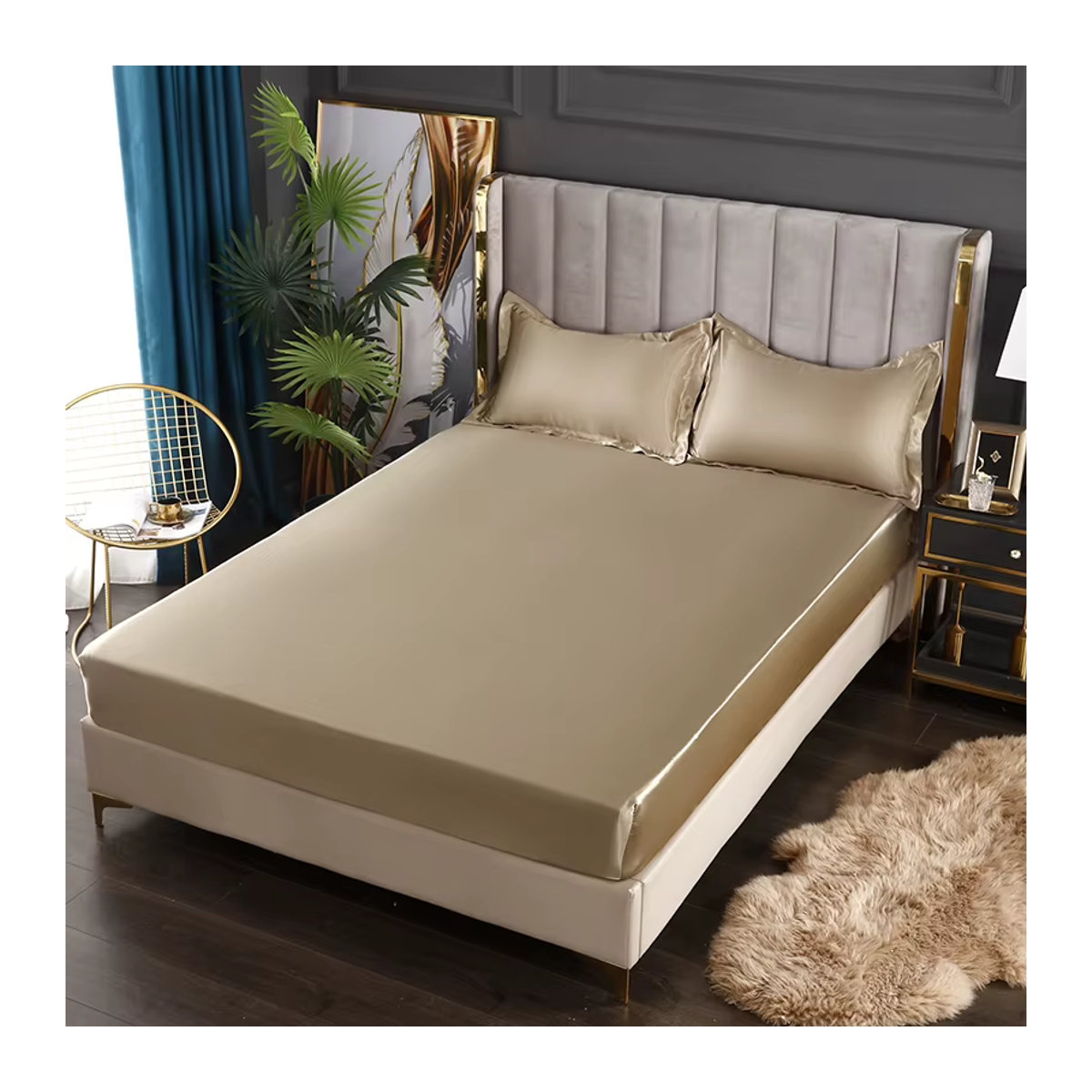 Modisches Satin-Spannbetttuch in King-Size, elastisch, ohne Kissenbezüge, B/T: 200 x 220 cm - Bild 2
